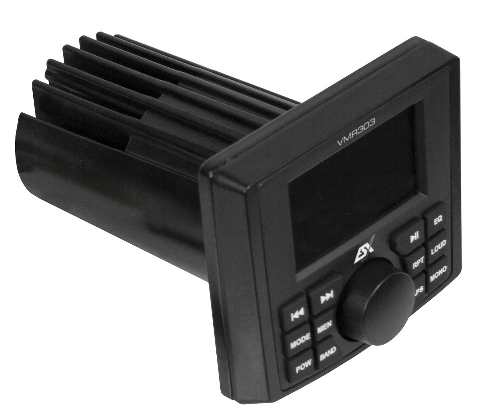 Schwarzes Marine-Audio-Radio mit Kühlkörper und Bedienelementen.