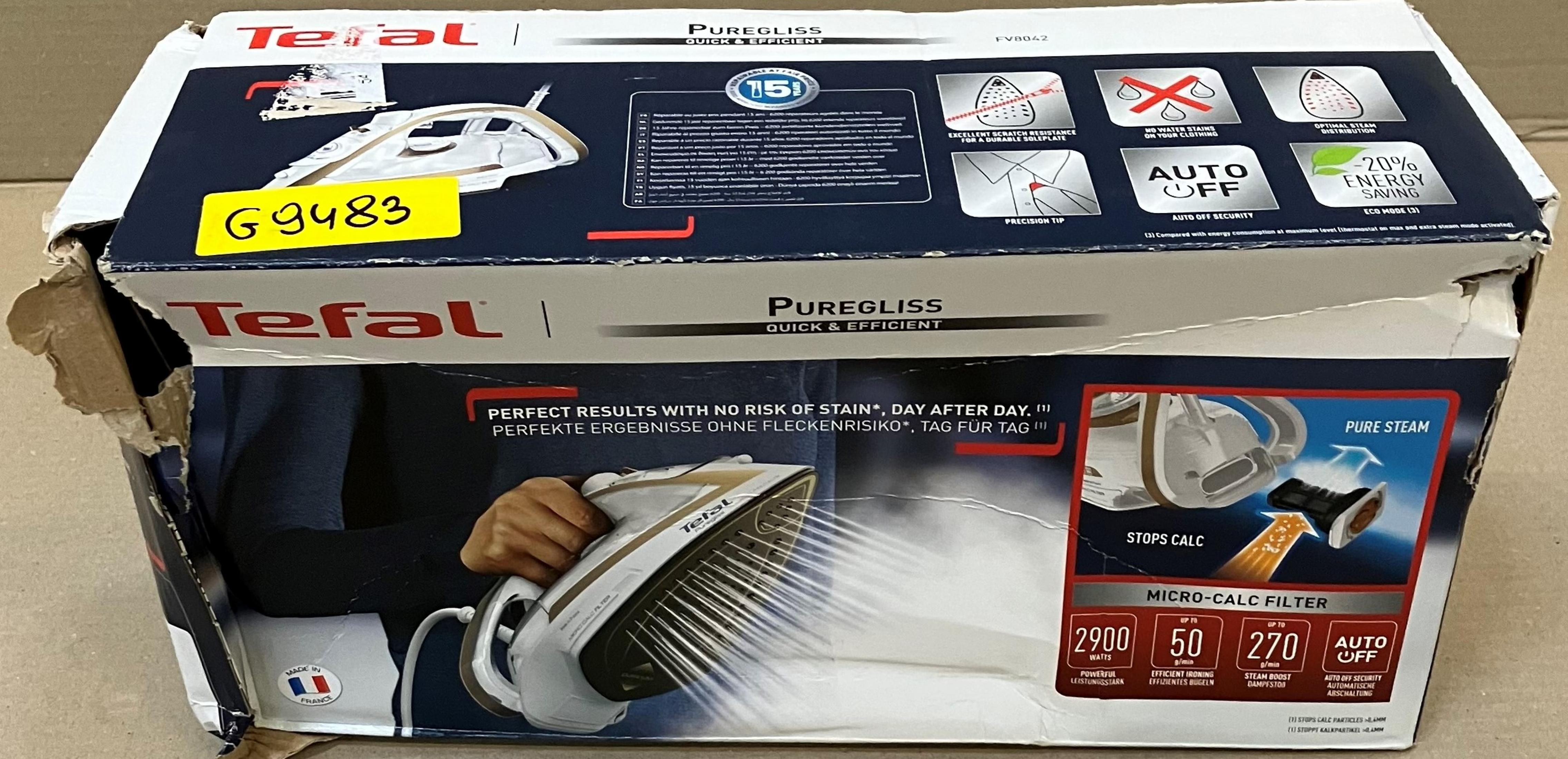 Tefal Puregliss ütü ambalajı, ürün resimleri ve teknik detayları içerir.