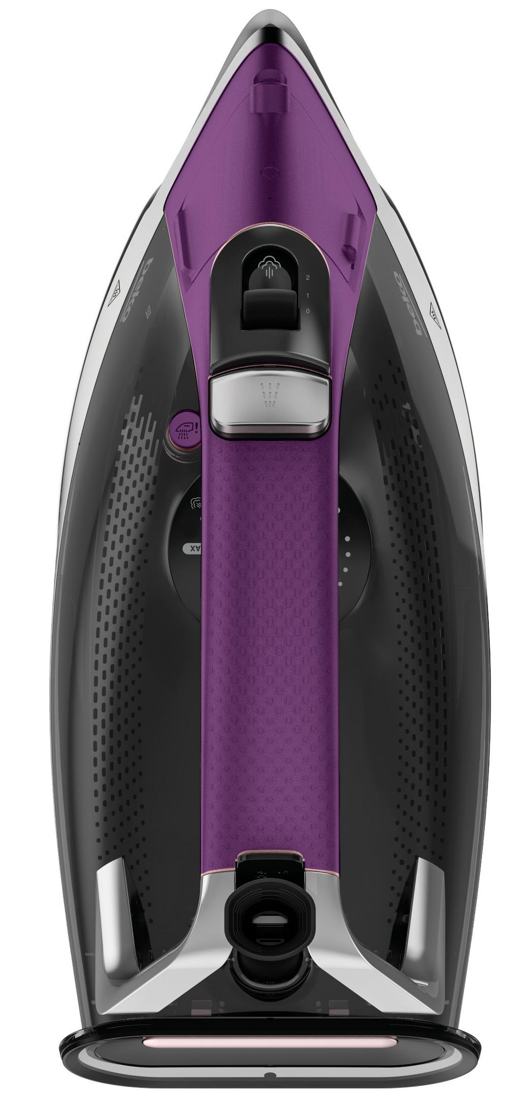 Un ferro da stiro viola e nero con accenti e controlli argentati.