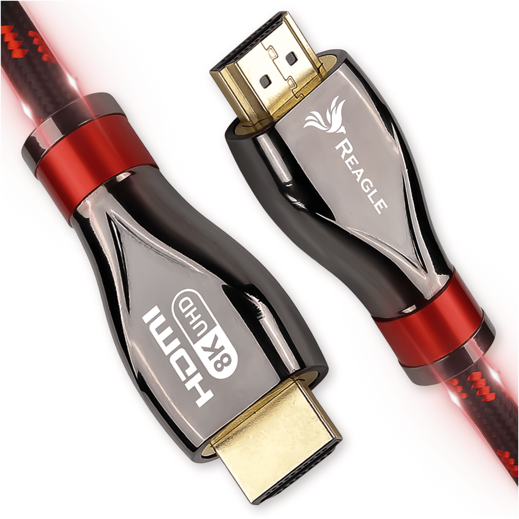 Dwa kable HDMI ze złotymi złączami i czerwonymi akcentami.