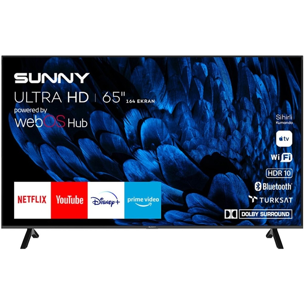 WebOS Hub destekli 65 inç Ultra HD TV, Netflix, YouTube, Disney+ ve Prime Video logolarını gösterir.