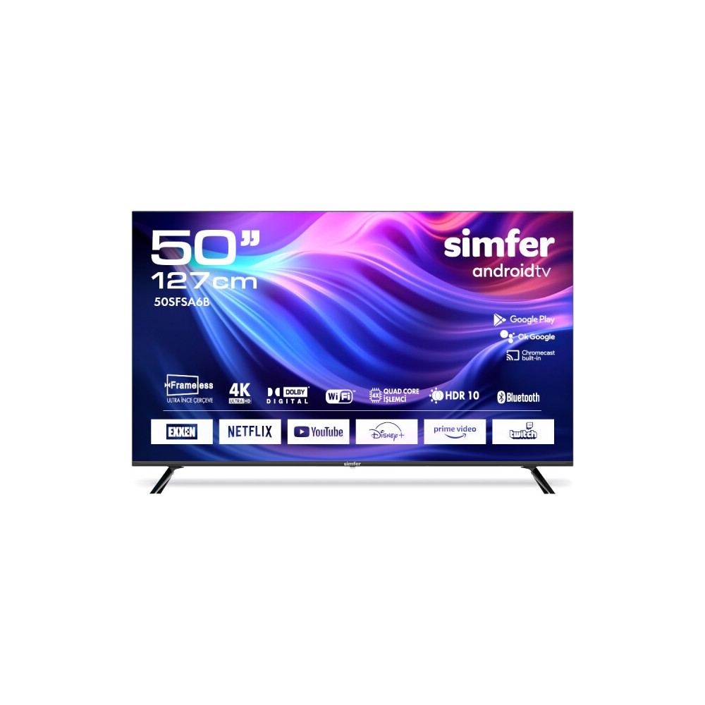 Android TV, 4K, HDR10 ve Wi-Fi bağlantılı 50 inç Simfer televizyon.
