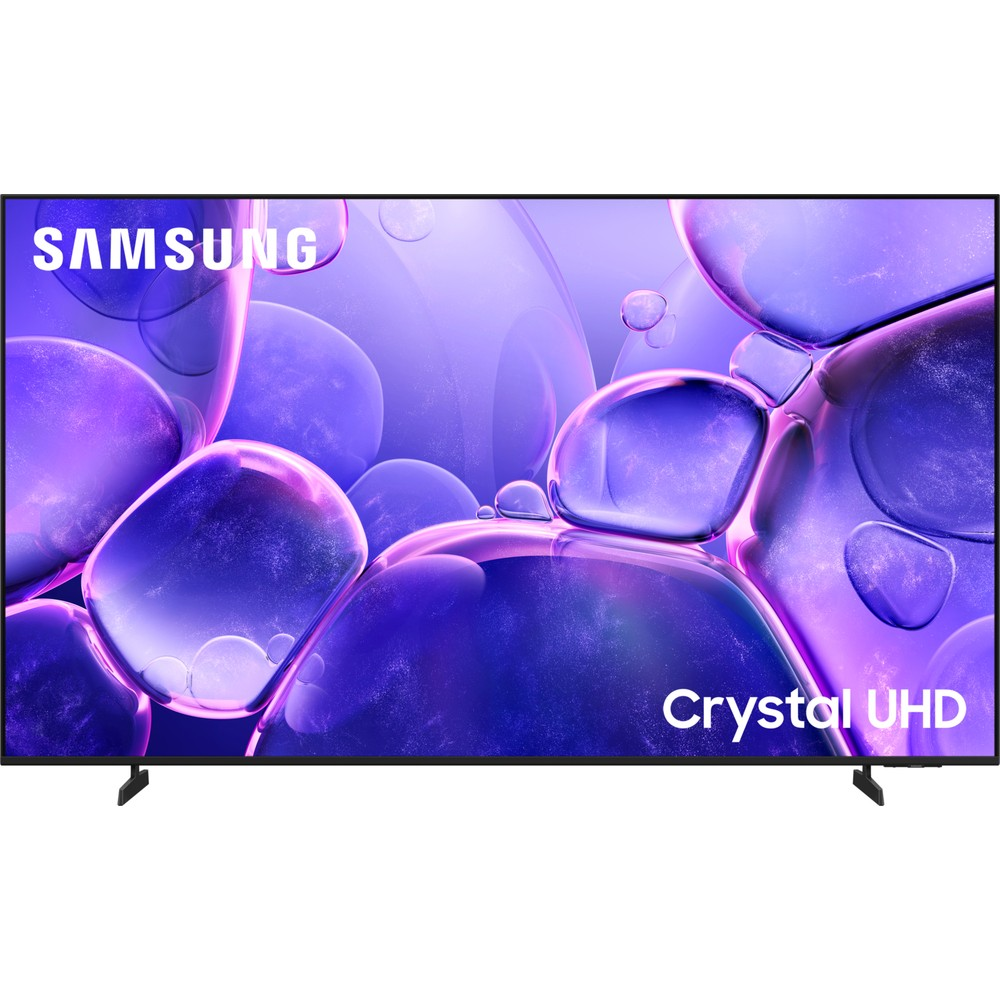 Mor kabarcık benzeri bir arka plan gösteren Samsung Crystal UHD TV.