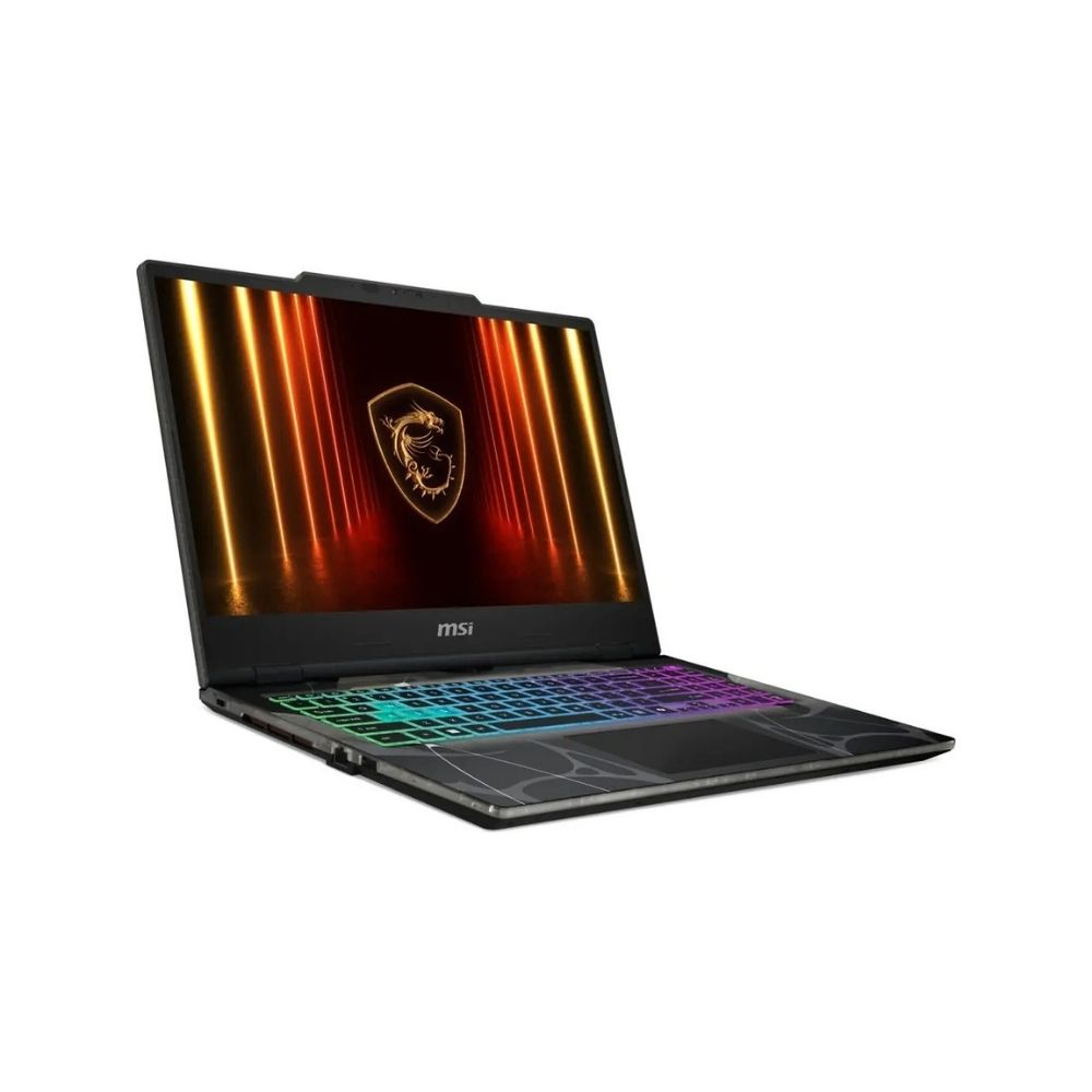 Açık bir MSI dizüstü bilgisayar, ışıklı klavyesi ve ekrandaki şirket logosu.