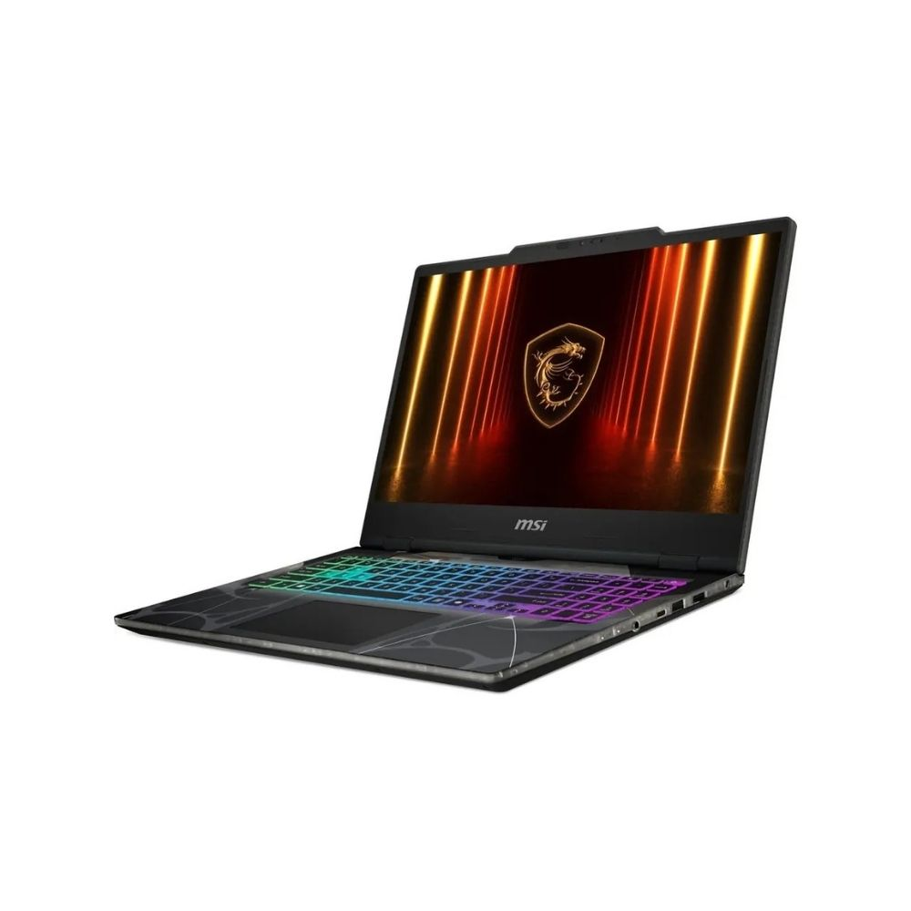 Arkadan aydınlatmalı klavyeli ve ekranda ejderha logolu açık bir MSI oyuncu dizüstü bilgisayarı.