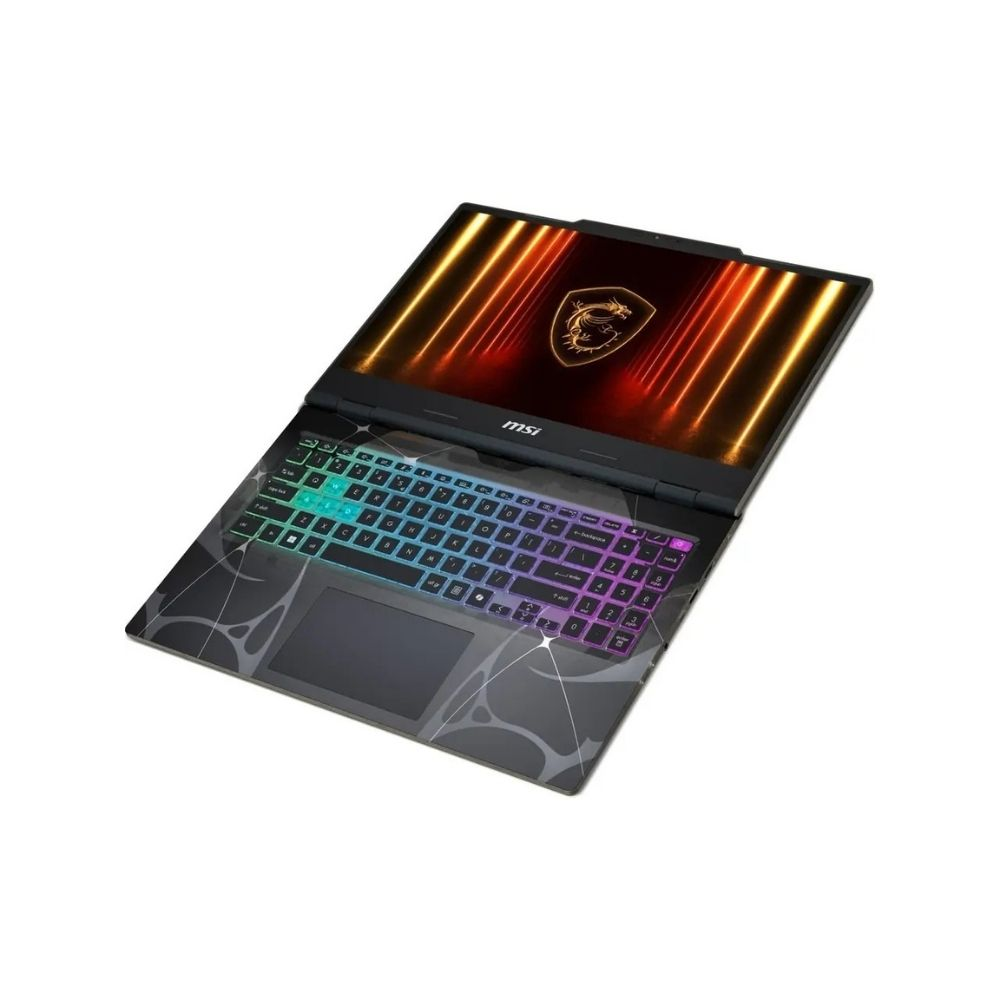 Arkadan aydınlatmalı klavyeli ve ekranda MSI ejderha logosu olan açık MSI dizüstü bilgisayar.