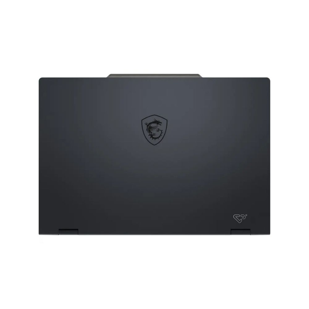 Sağda küçük logo ve MSI ejderha logosu bulunan koyu gri dizüstü bilgisayar kapağı.