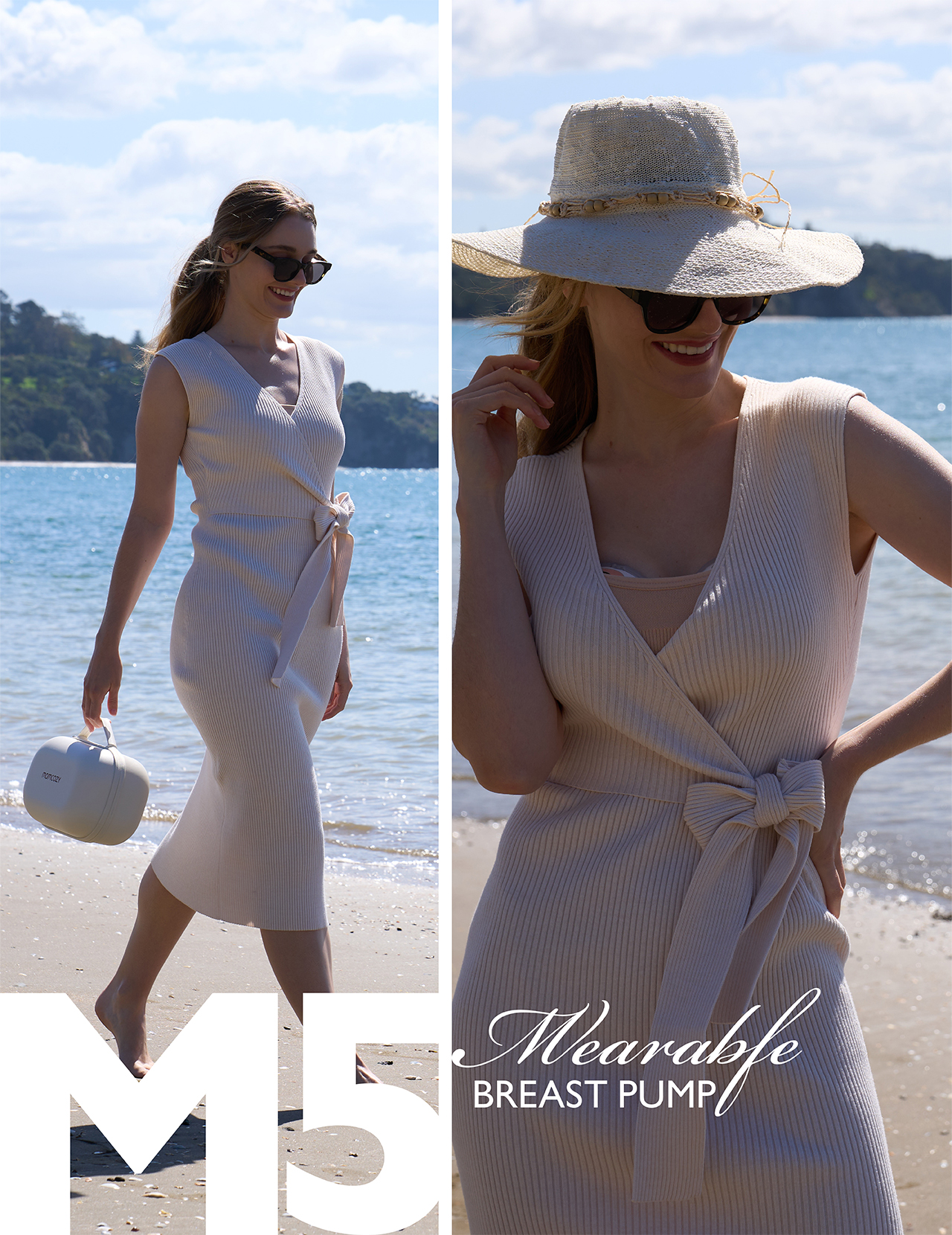 Kobieta na plaży w sukience i kapeluszu, trzyma białą torbę, uśmiechnięta.