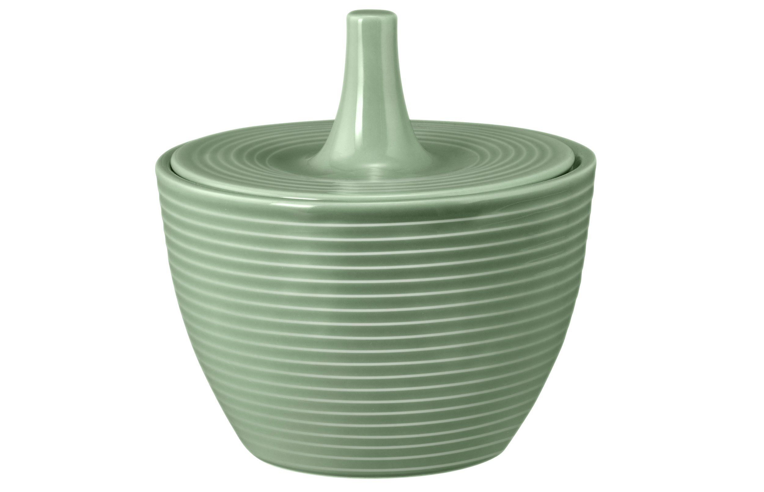 Zielony ceramiczny słoik z żebrowaną fakturą i spiczastą pokrywką.