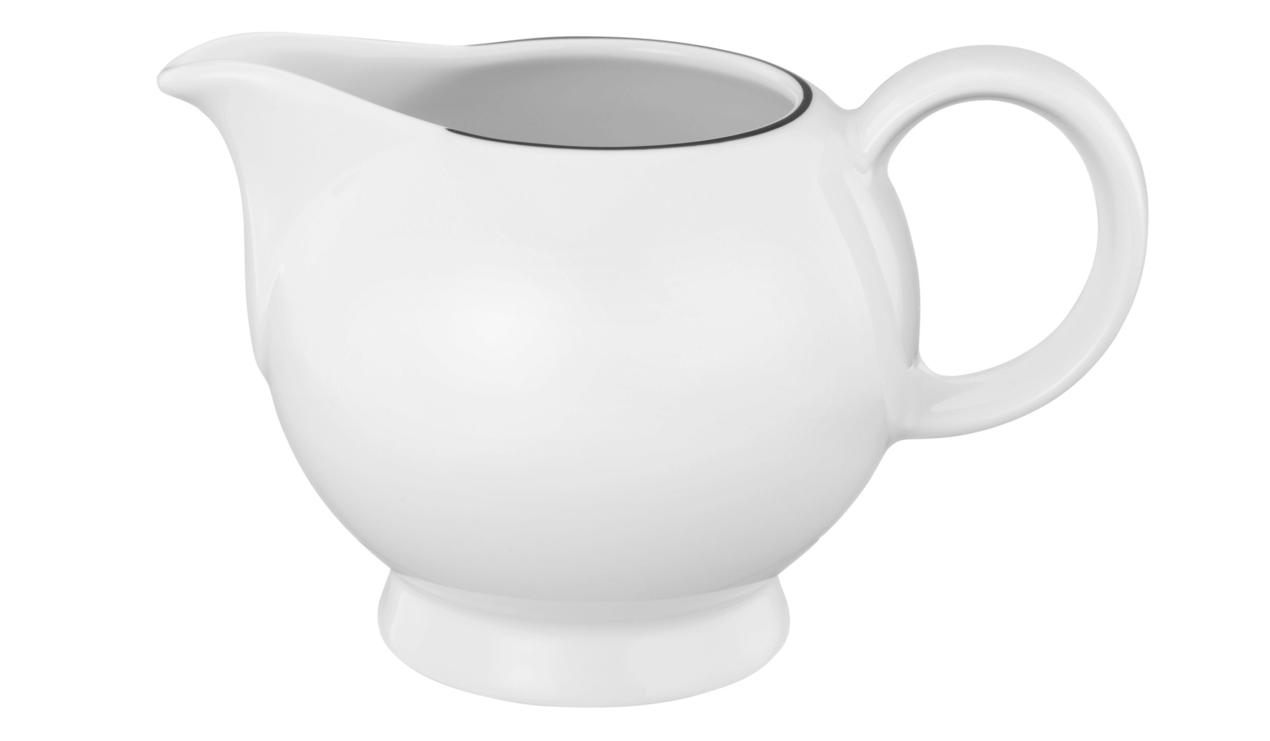 Biały ceramiczny dzbanek na śmietanę z uchwytem, dzióbkiem, czarny rant.