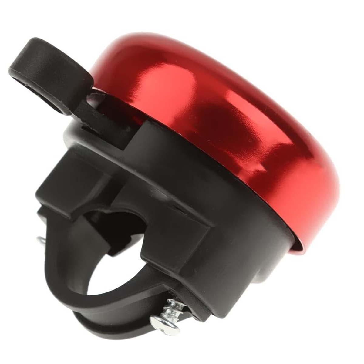 Ein rotes Fahrradklingel mit schwarzer Halterung und Auslöser.