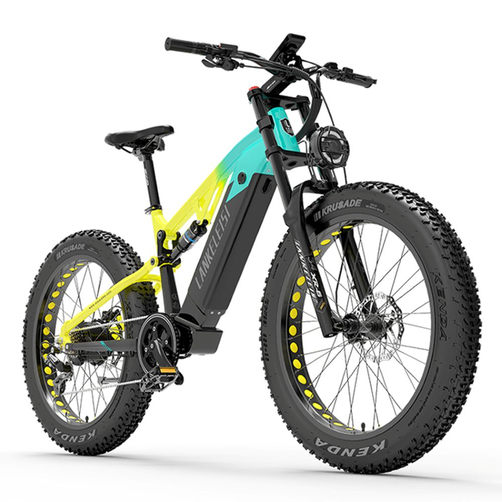 Una bicicleta eléctrica fat bike amarilla y turquesa con suspensión.