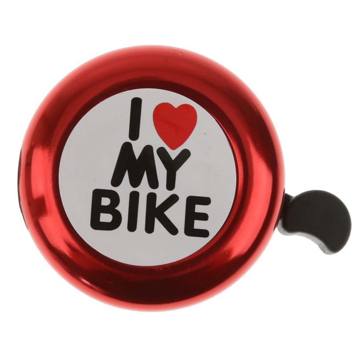 Roter Fahrradklingel mit Aufschrift "I MY BIKE" und einem Herz.