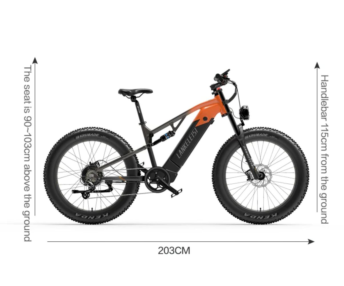 Una bicicleta eléctrica naranja y negra con ruedas anchas y dimensiones.