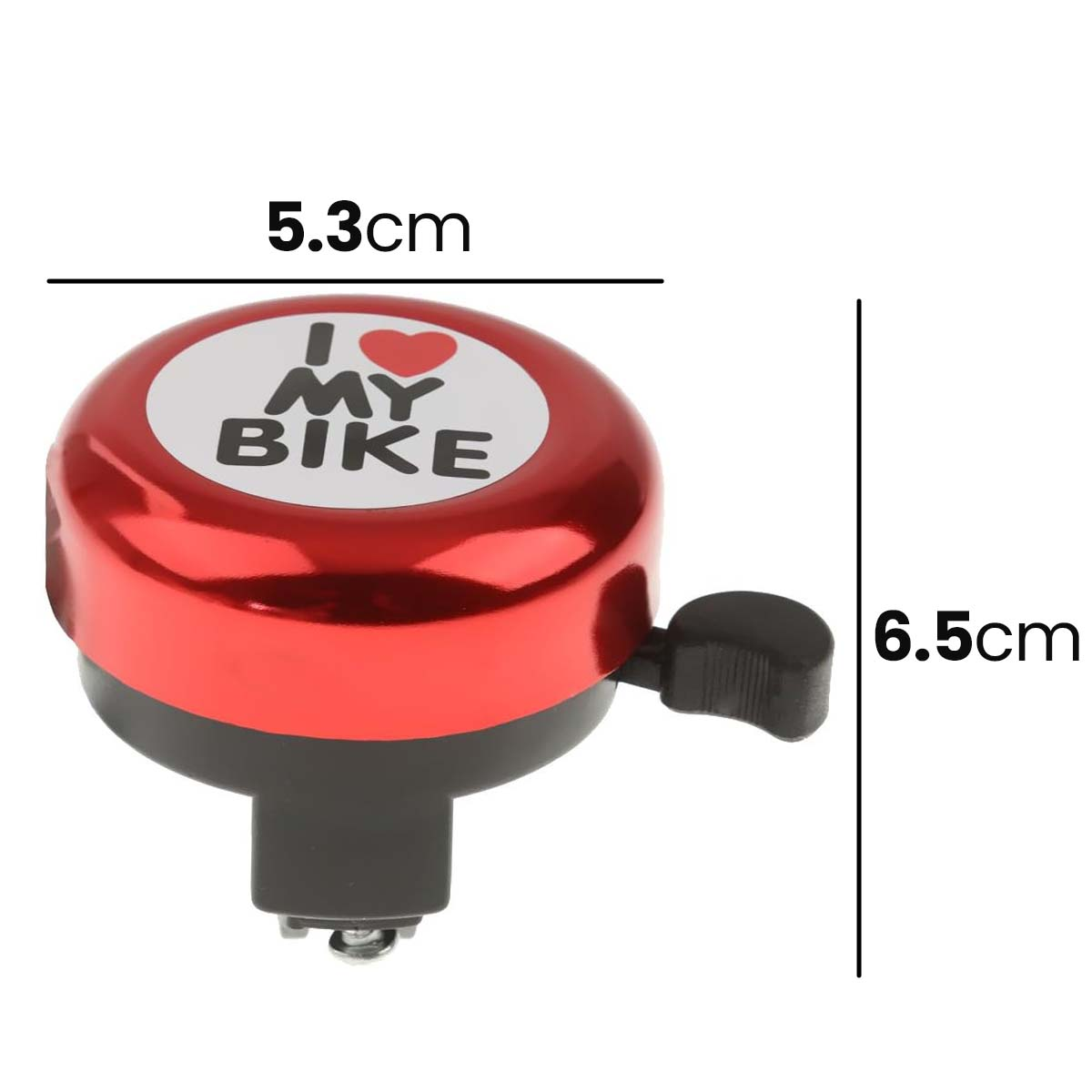 Rote Fahrradklingel mit der Aufschrift "I MY BIKE" und Größenangaben.