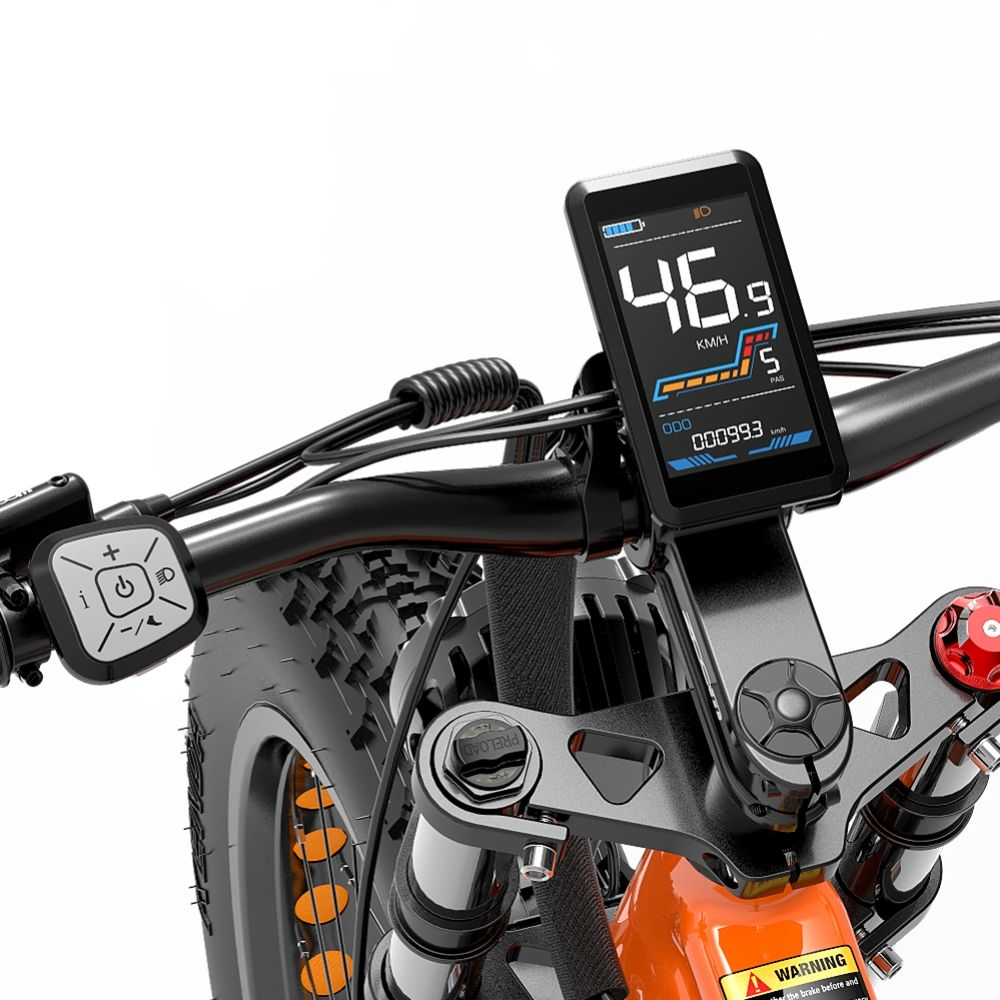 Manillar de e-bike con pantalla que muestra 46,9 km/h y nivel de batería.
