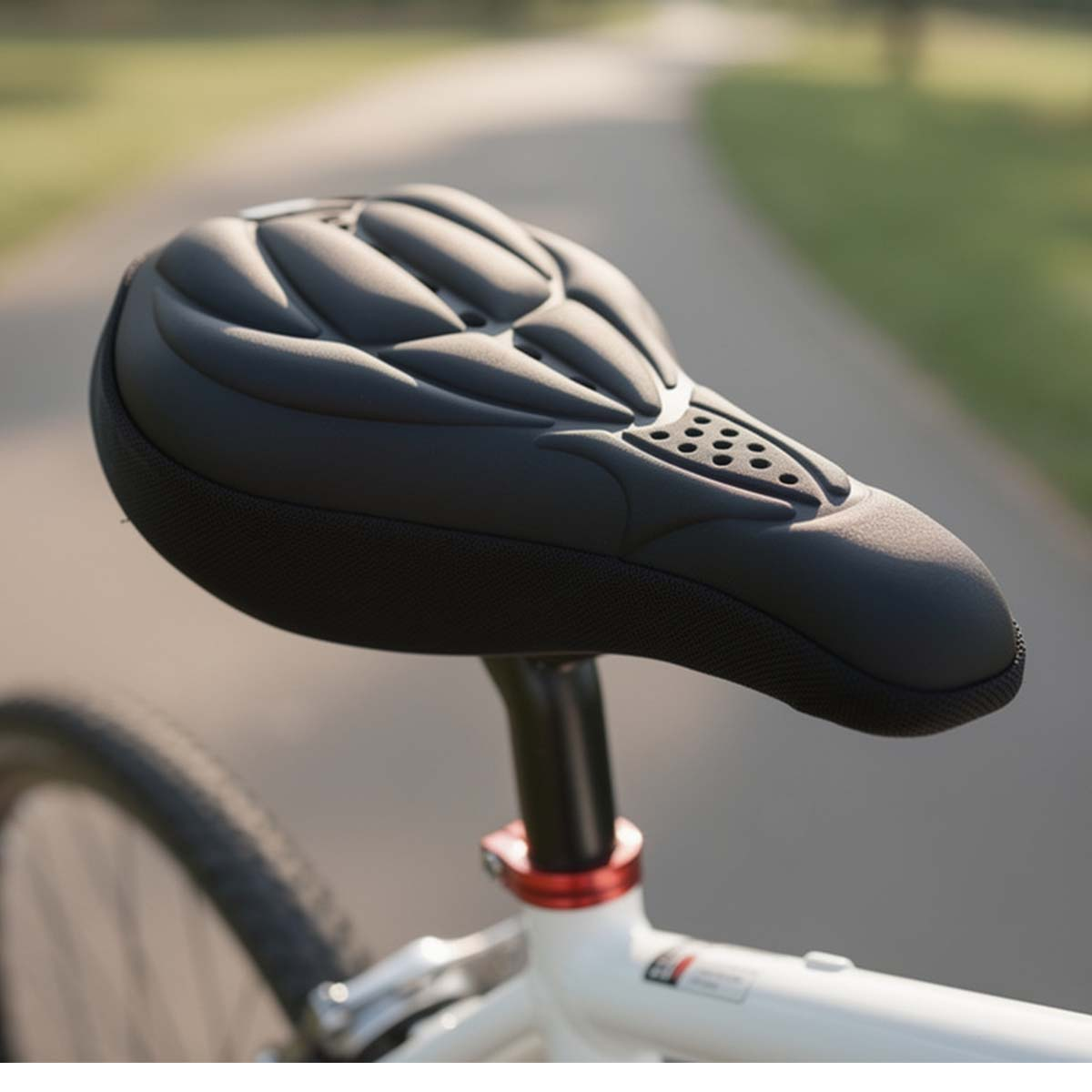 Ein schwarzer, gepolsterter Fahrradsattel auf einem weißen Fahrrad mit rotem Klemmring.