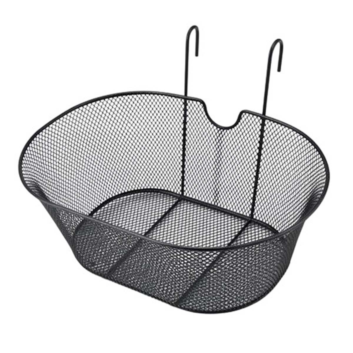 Ein schwarzer Metallkorb aus Gitter mit Haken zum Aufhängen. Er ist leer und isoliert auf weißem Grund.