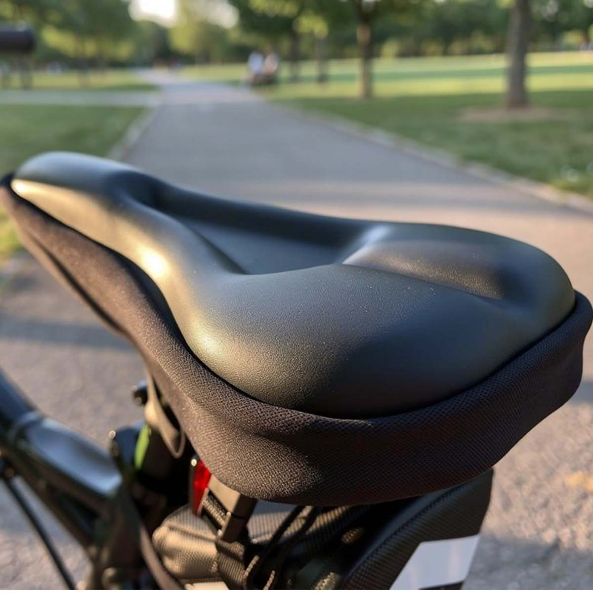 Une selle de vélo noire avec rembourrage sur un chemin de parc.
