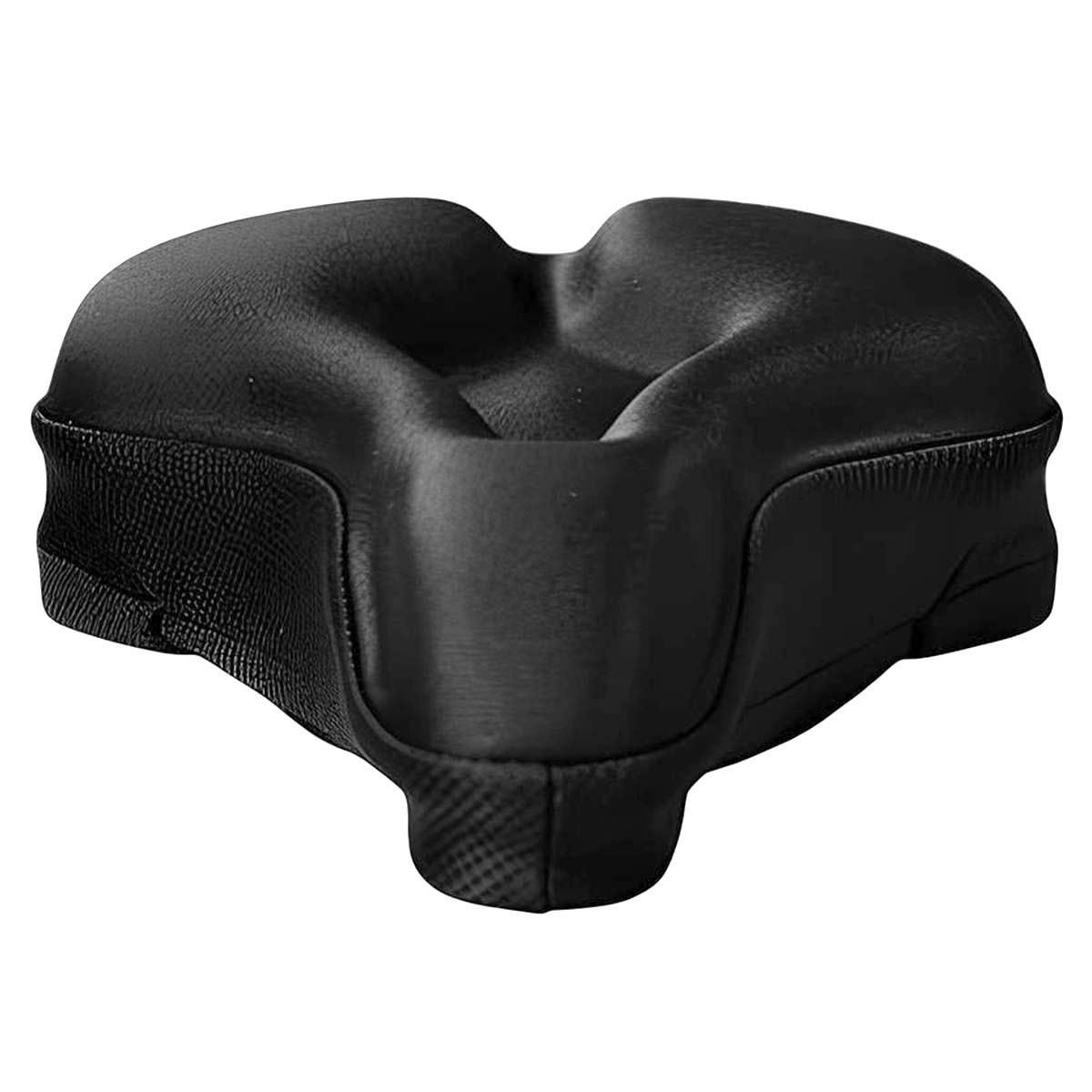 Selle de vélo ergonomique noire avec surface rembourrée et côtés texturés.