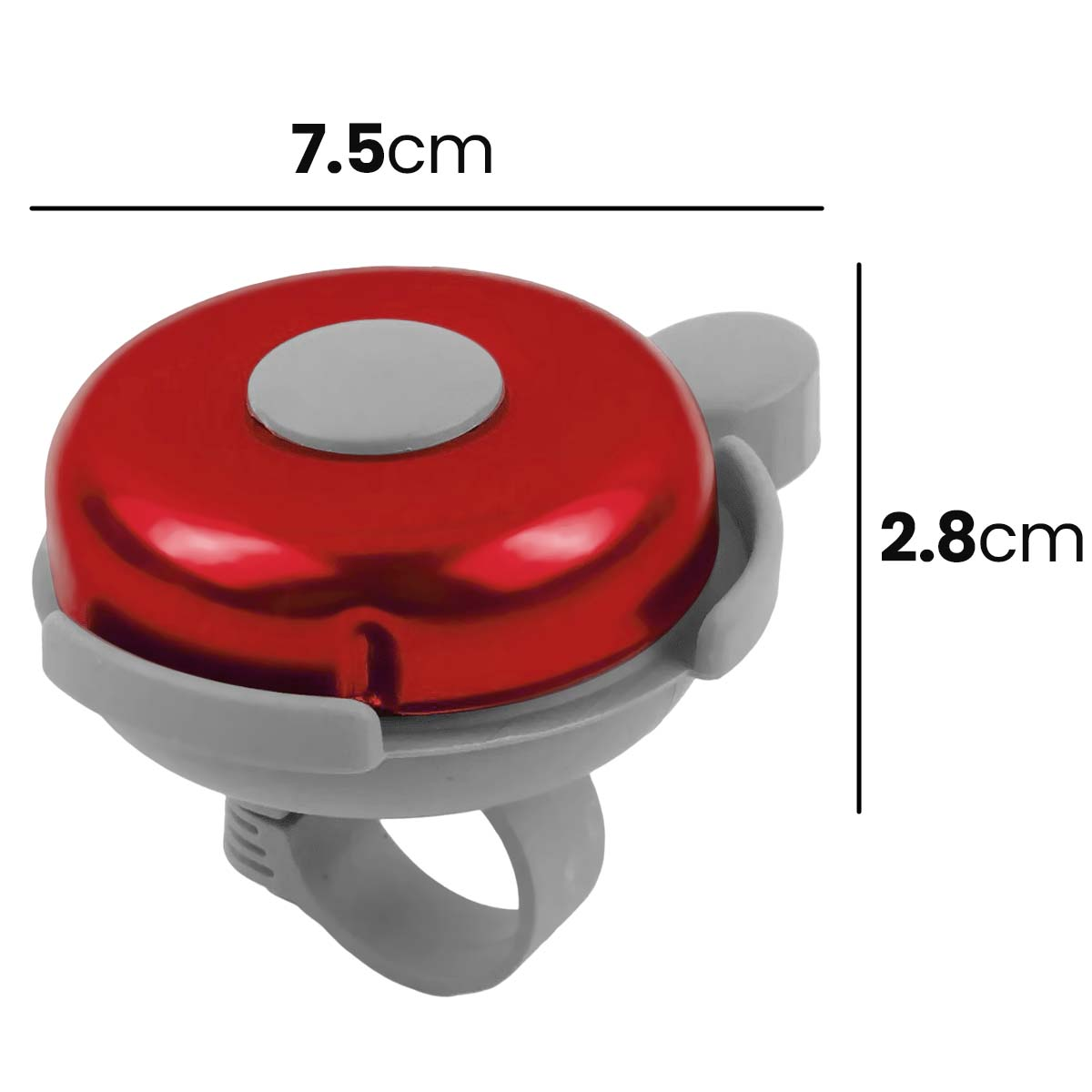 Rotglänzende Klingel mit grauer Halterung und Fingerring. 7,5x2,8cm.