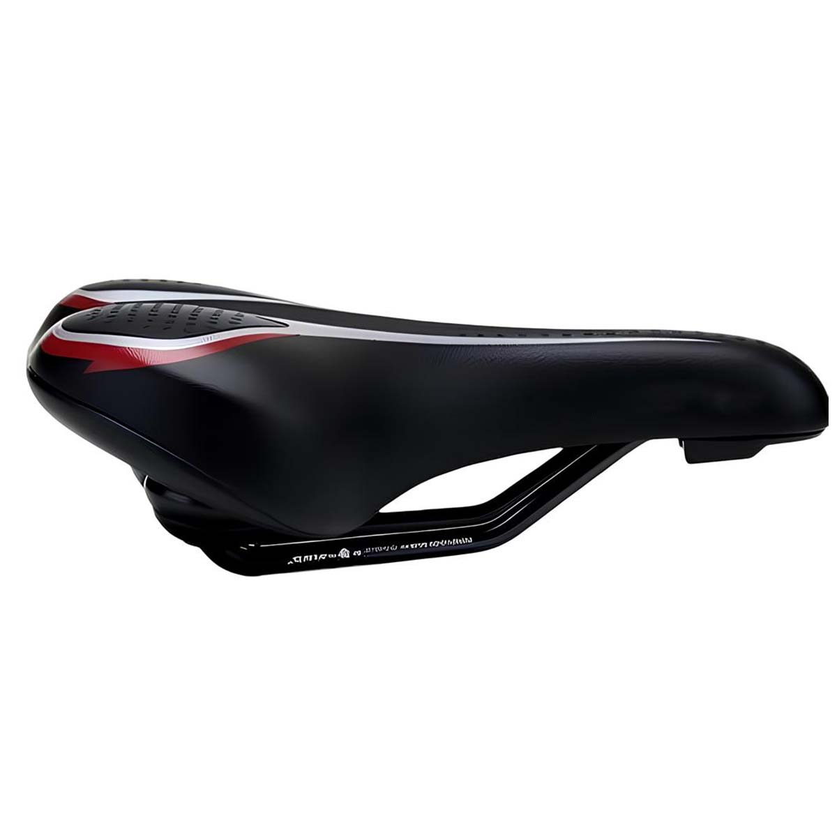 Schwarzer Fahrradsattel mit roten und weißen Akzenten und einer gebogenen Metallbasis.