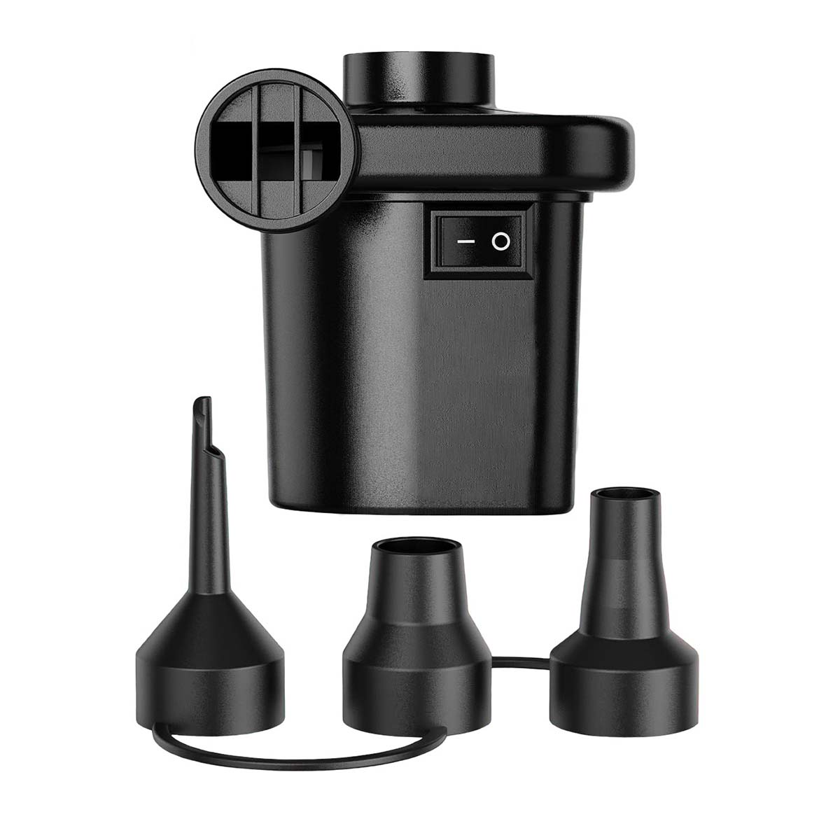 Schwarzer elektrischer Luftpumpen-Adapter mit drei Aufsätzen, Schalter.