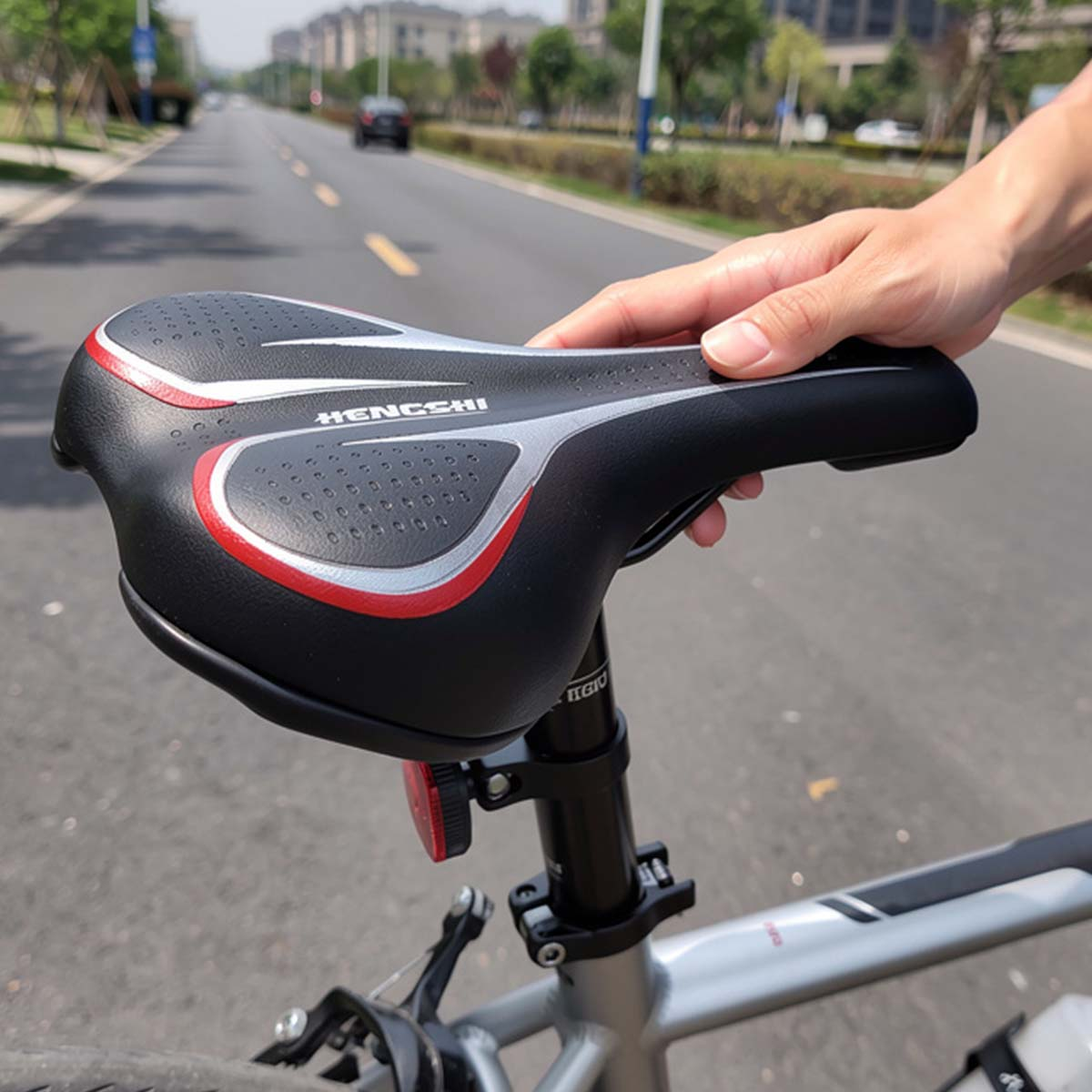 Ein Fahrradsattel mit roter und silberner Umrandung auf einem Fahrrad auf einer Straße.