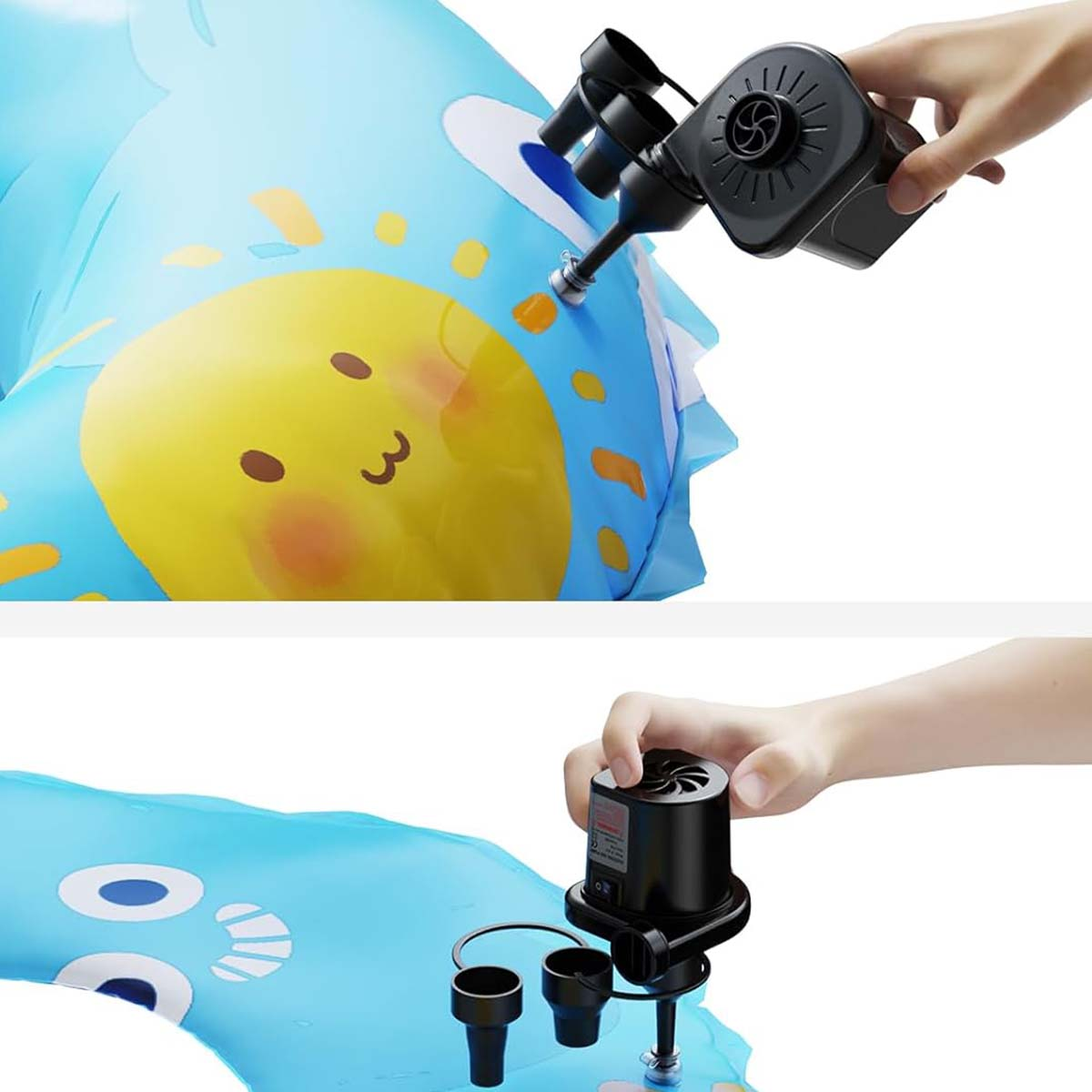 Ein elektrischer Luftpumpe wird verwendet, um ein blaues aufblasbares Spielzeug mit einem Sonnengesicht aufzupumpen.