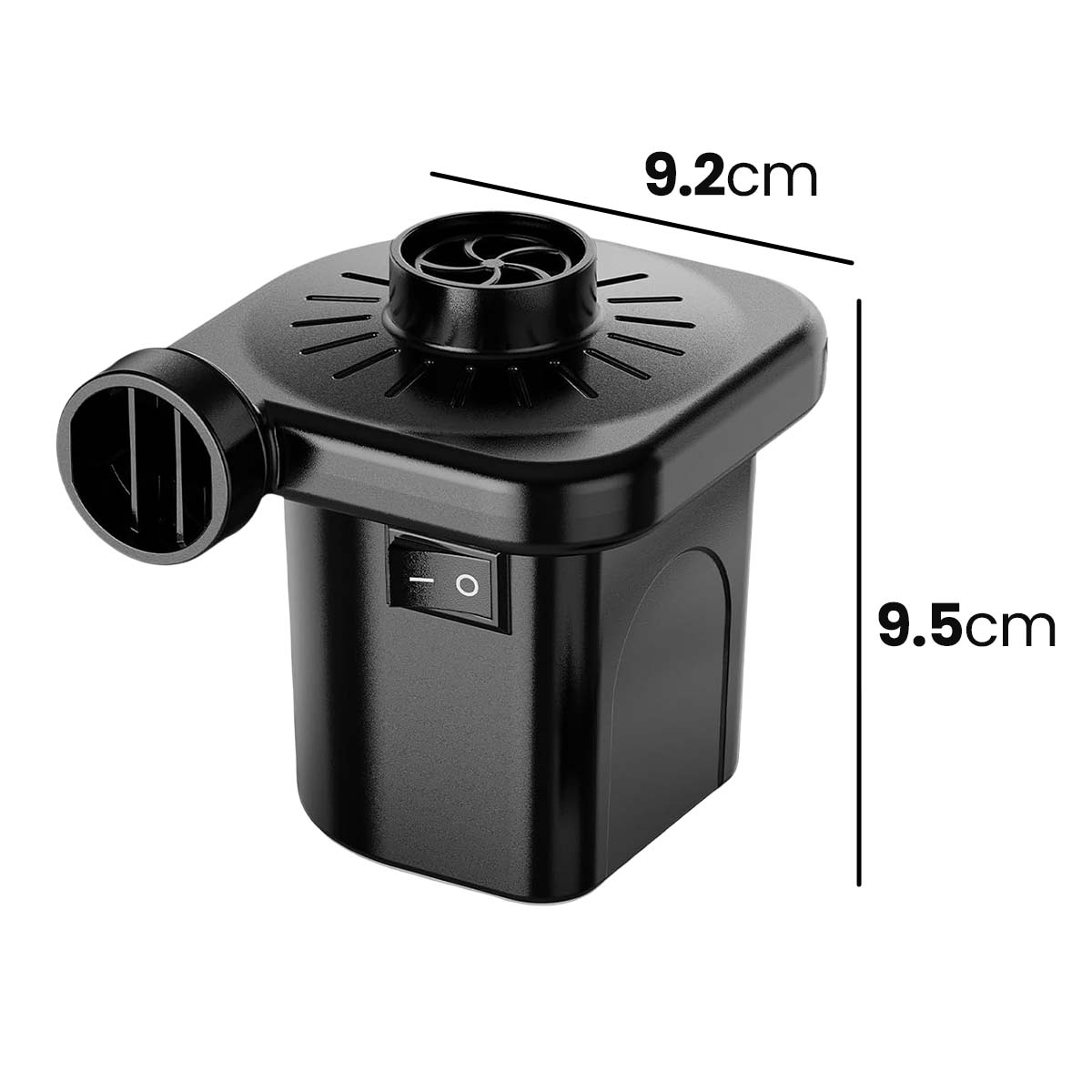 Schwarzer Luftpumpenadapter mit Schalter und Maßen 9,2 cm und 9,5 cm.