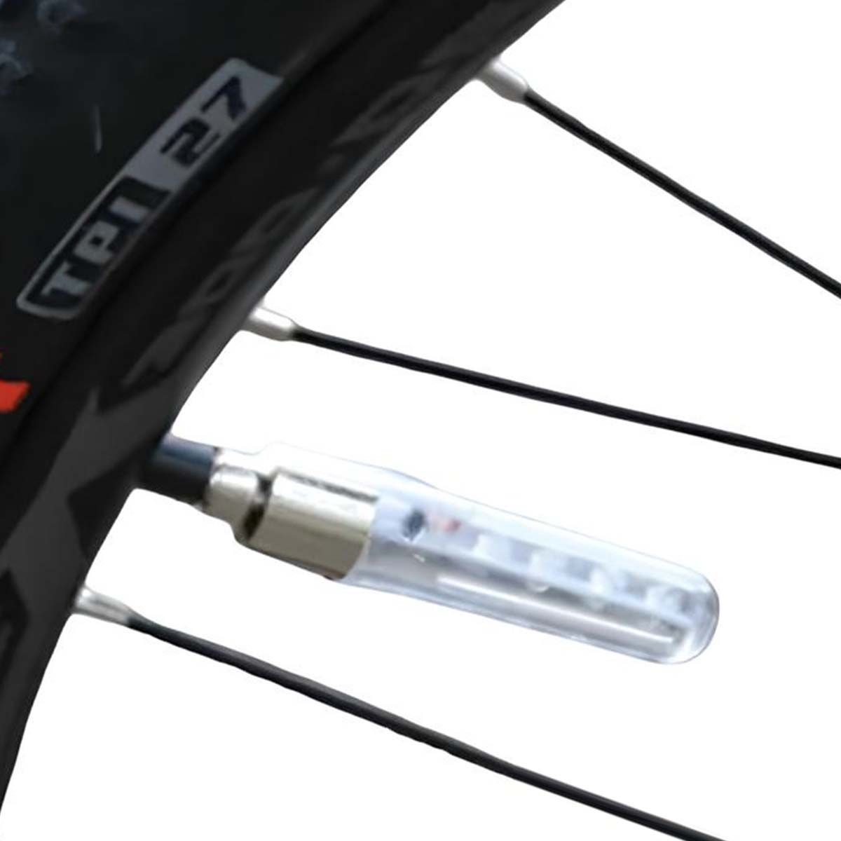 Fahrradspeichenlicht in klarem Gehäuse, befestigt am Reifen mit "TPI 27".