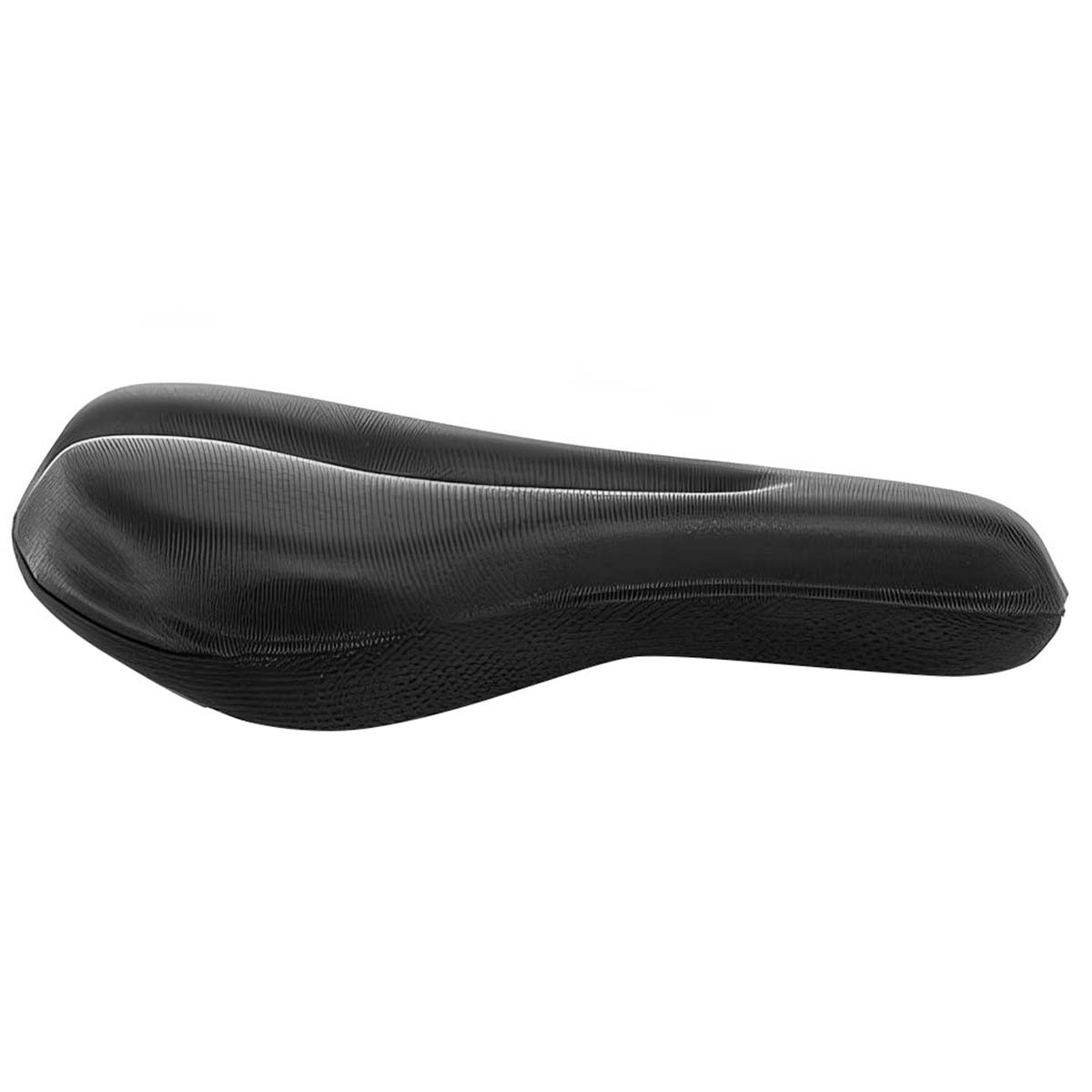 Selle de vélo noire avec surface texturée et forme ergonomique.