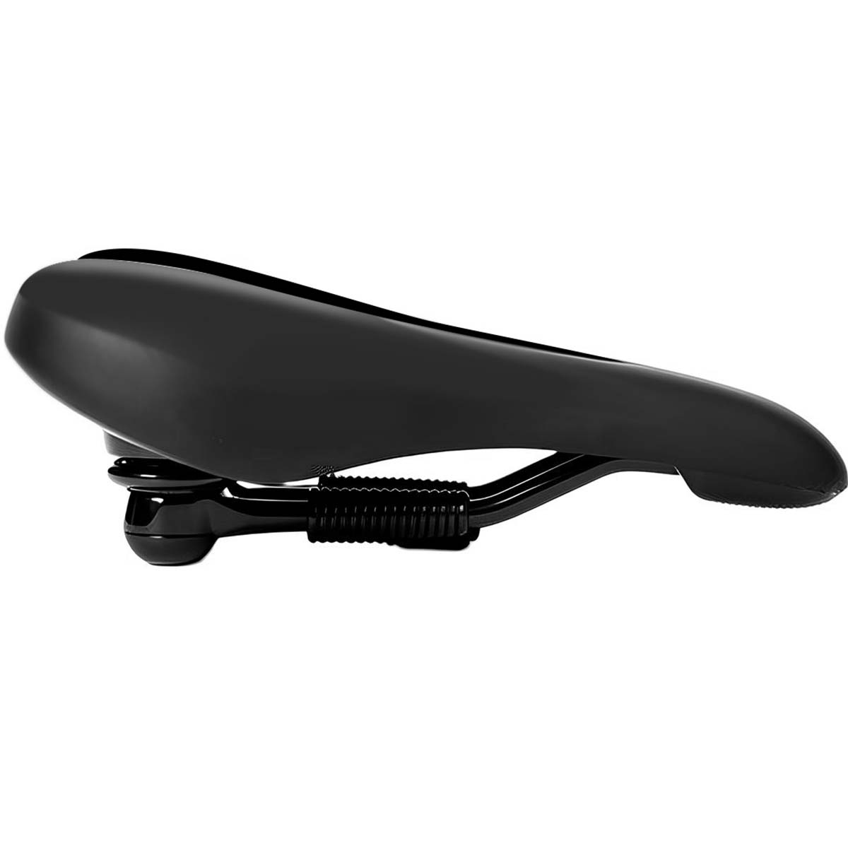 Schwarzer Fahrradsattel mit Federn und schwarzem Metallgestell.