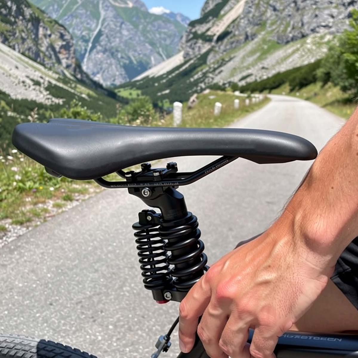 Ein Fahrradsattel mit Stoßdämpfer vor einer Berglandschaft.