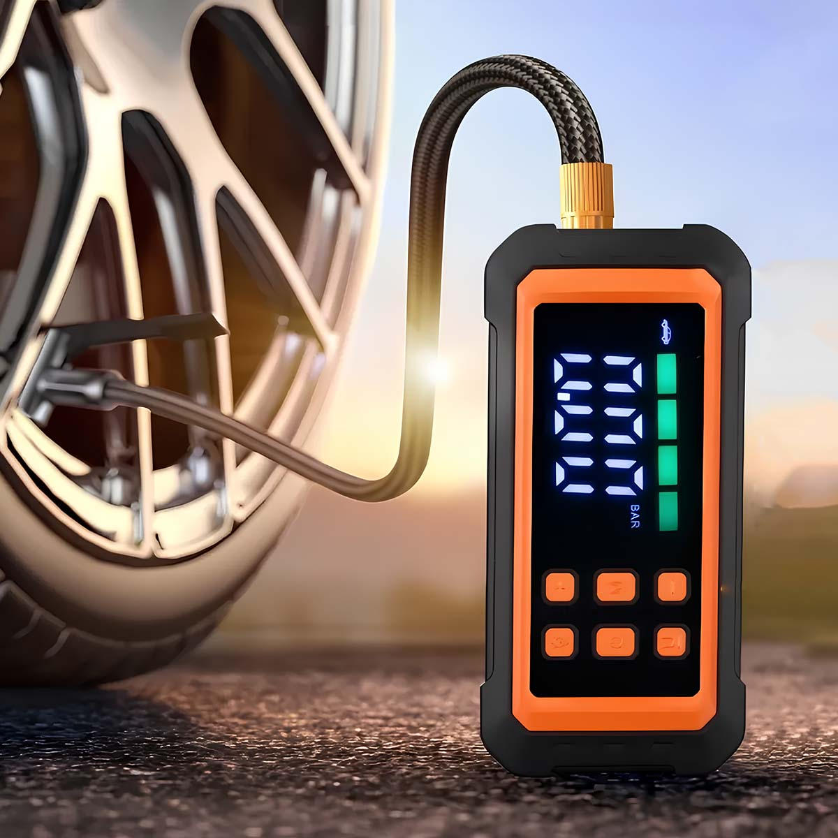 Reifenfüller mit digitaler Anzeige prüft Reifendruck neben einem Auto.