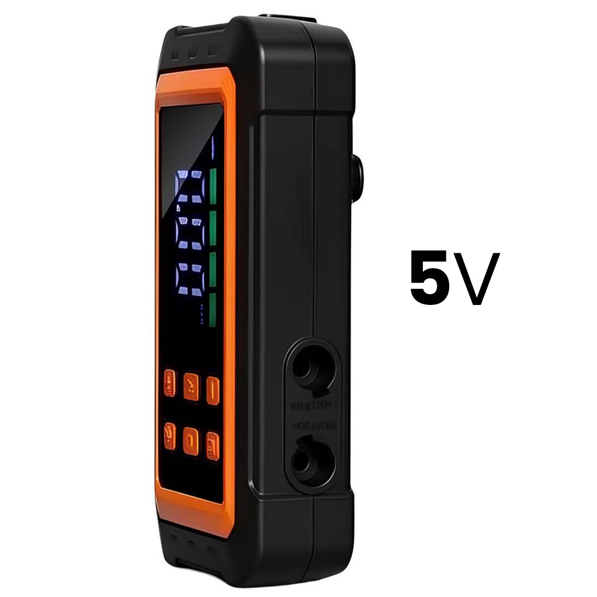 Ein schwarzes und oranges Messgerät mit digitaler Anzeige und 5V-Aufschrift.