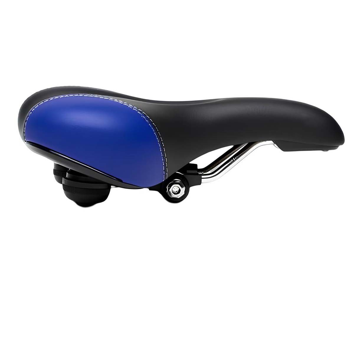 Schwarzer Fahrradsattel mit blauen Akzenten und silbernen Schienen.