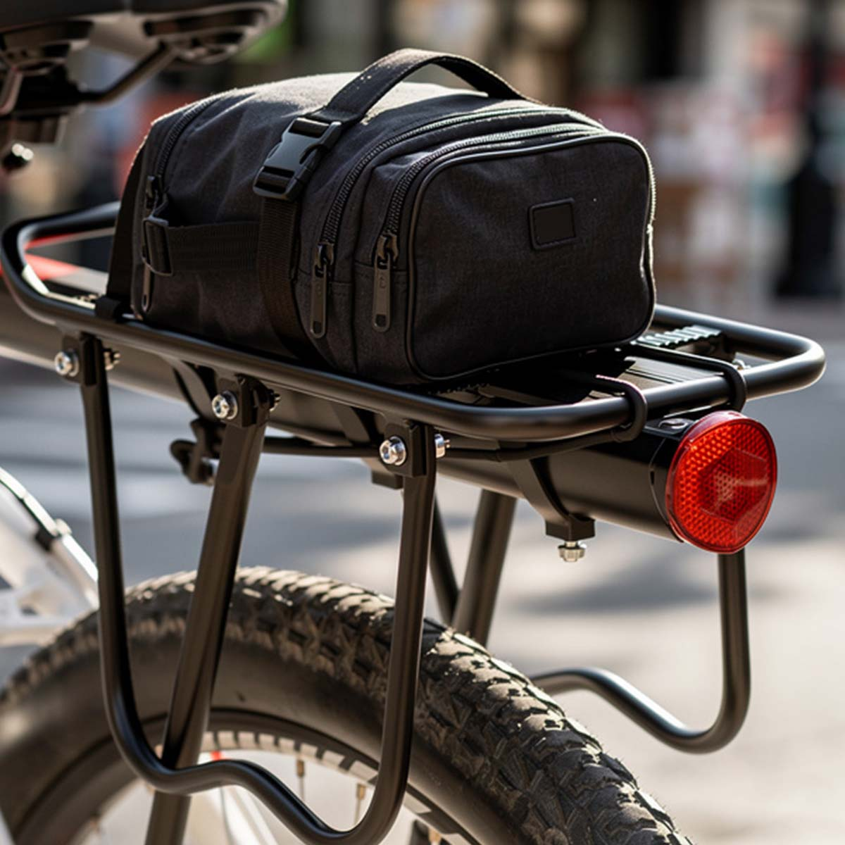 Schwarze Fahrradtasche auf Gepäckträger mit Rücklicht, unscharfer Hintergrund