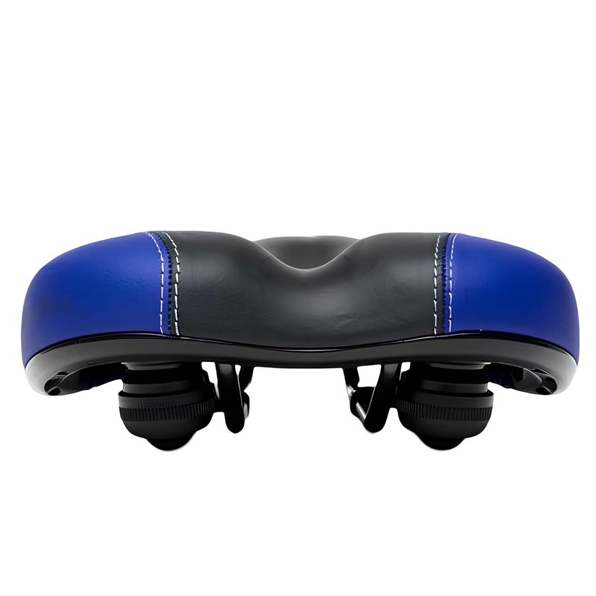 Ein schwarzer und blauer Fahrradsattel mit weißen Nähten und Federn unten.