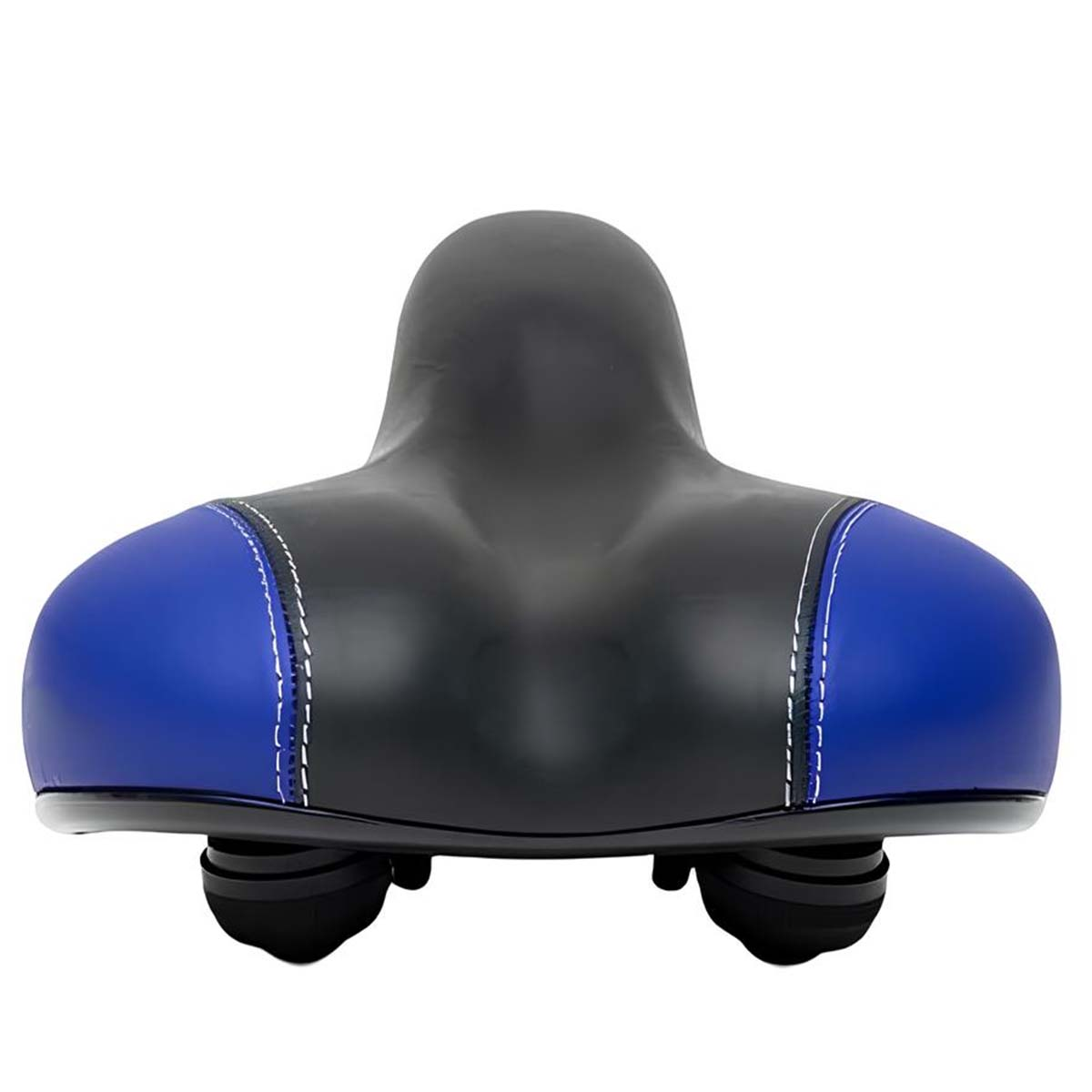 Ein schwarzer und blauer Fahrradsattel mit Nähten.