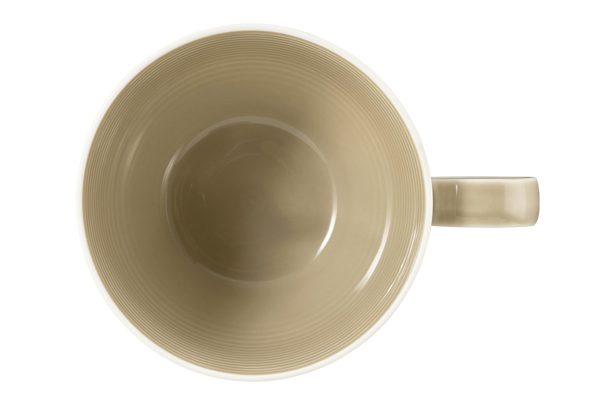 Beżowy kubek widziany z góry, z uchwytem z boku.