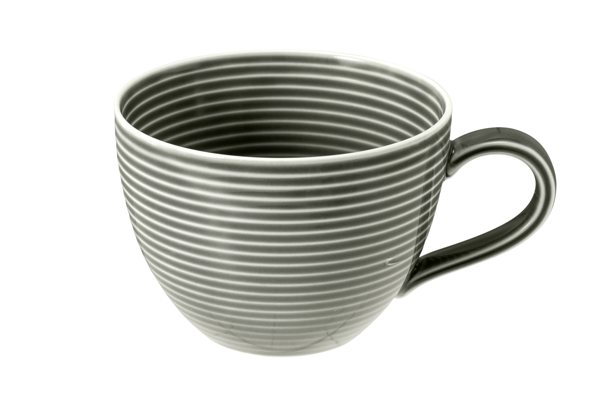 Szary, prążkowany kubek z uchwytem na białym tle.