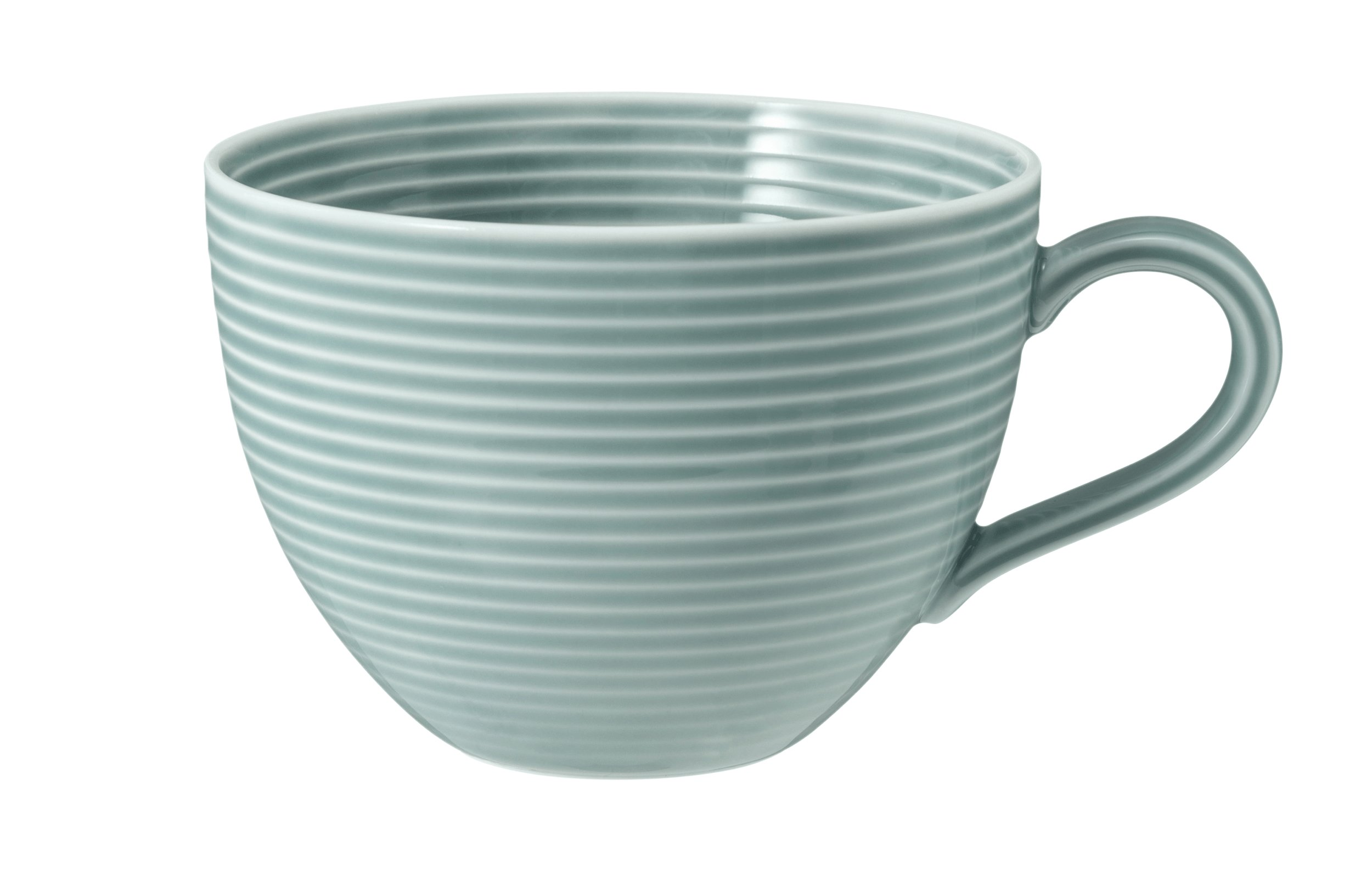 Jasnozielony kubek z poziomymi żebrowaniami i uchem.