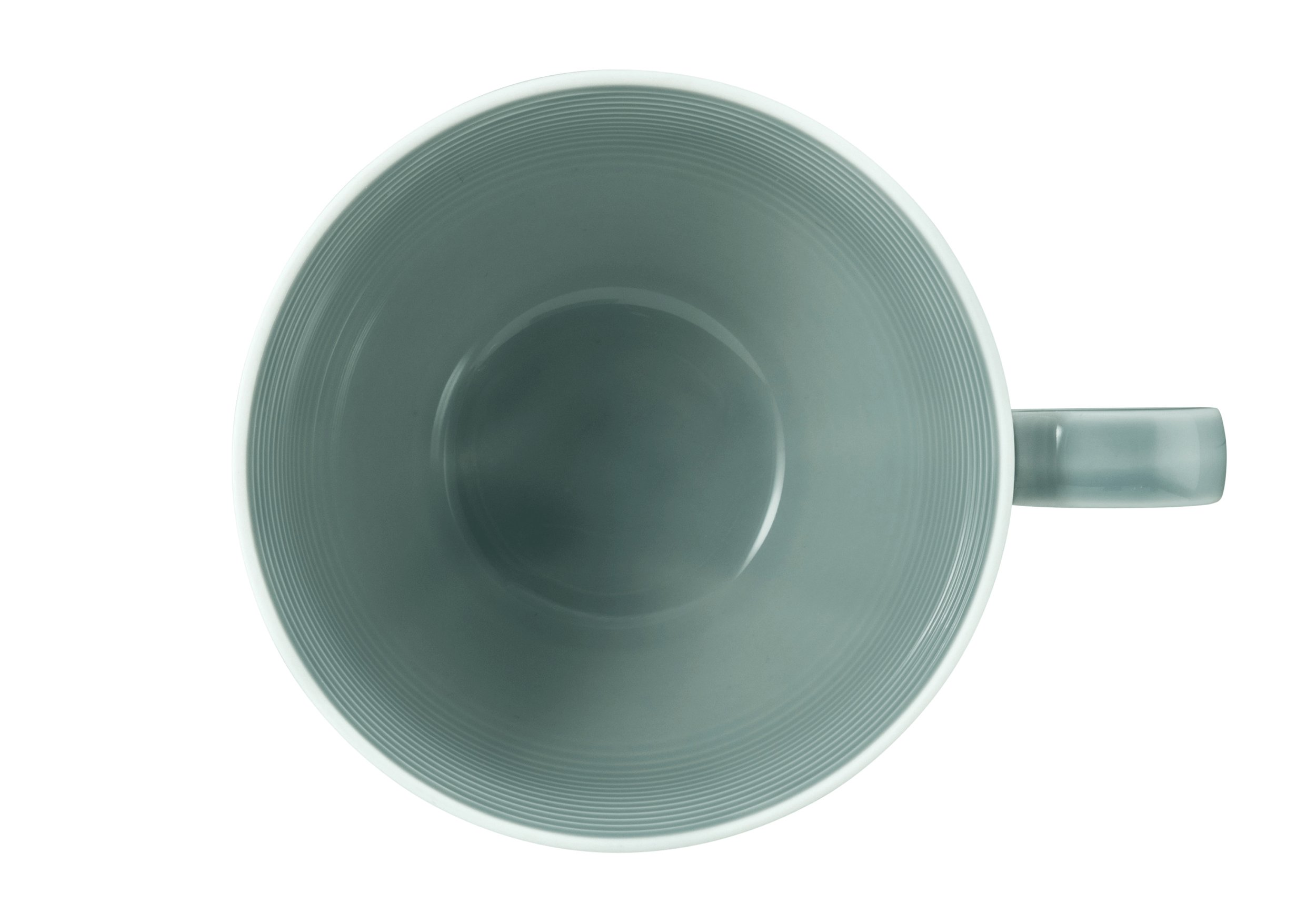 Szary kubek widziany od góry, z uchwytem z boku.
