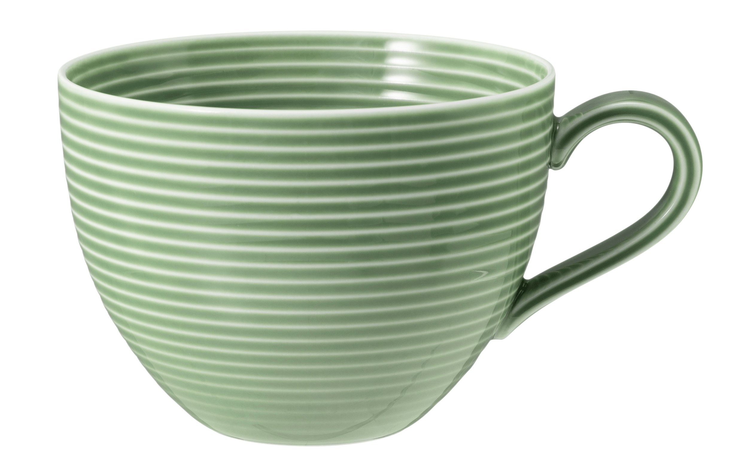 Zielony kubek z poziomymi żebrowaniami i uchwytem.