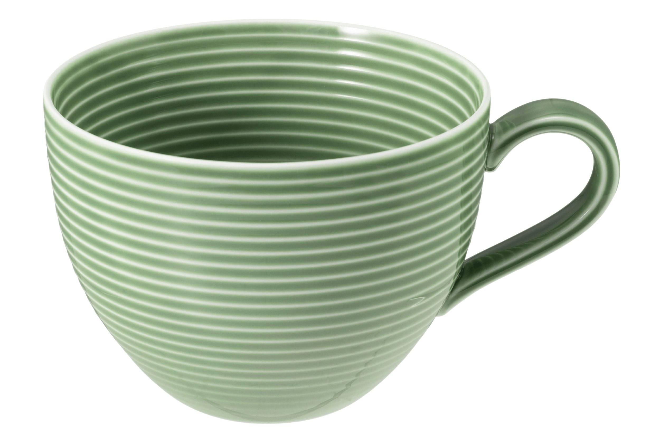 Jasnozielony kubek z poziomymi żebrowaniami i ciemniejszą rączką.