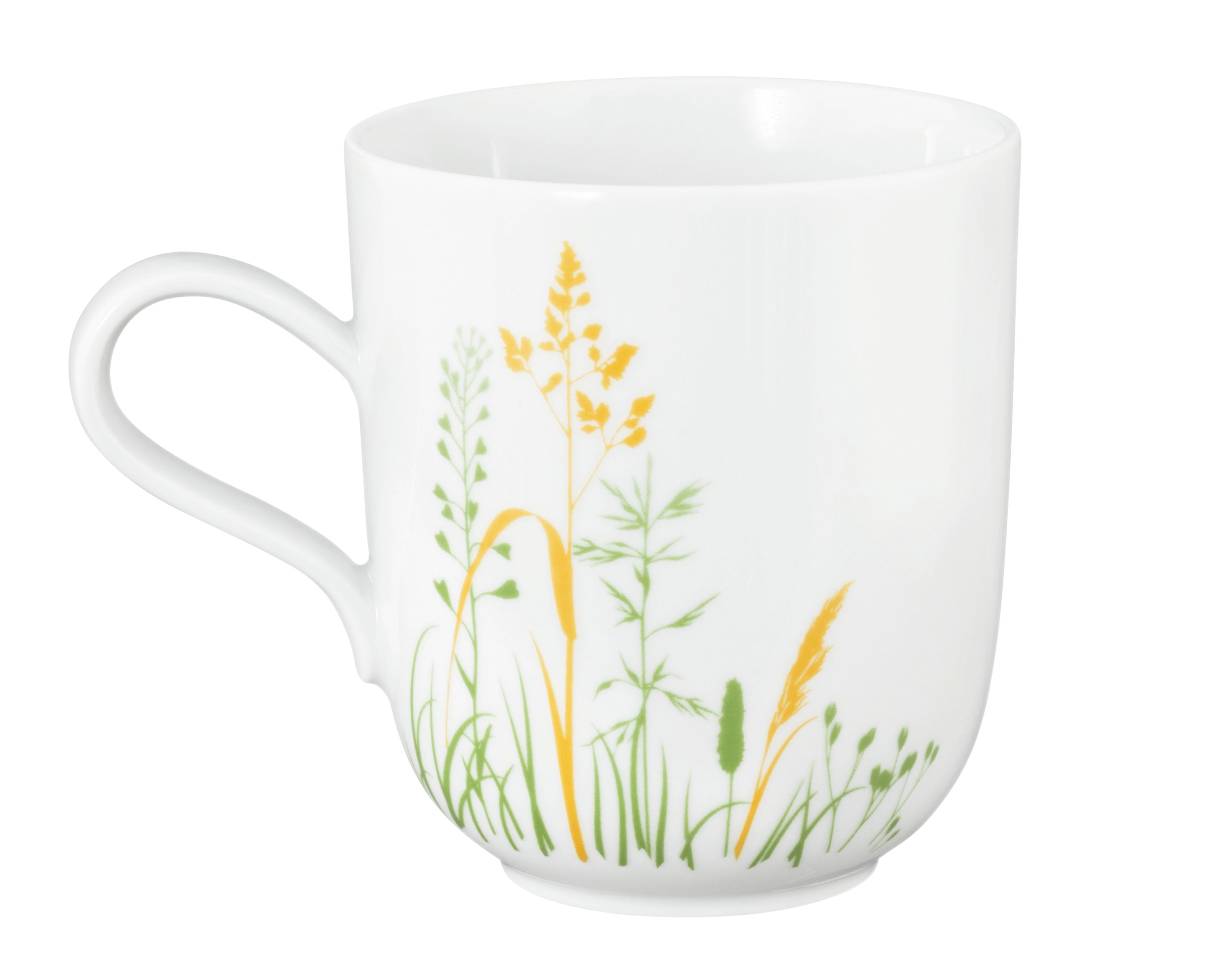 Biały kubek z zielono-żółtym wzorem trawy.