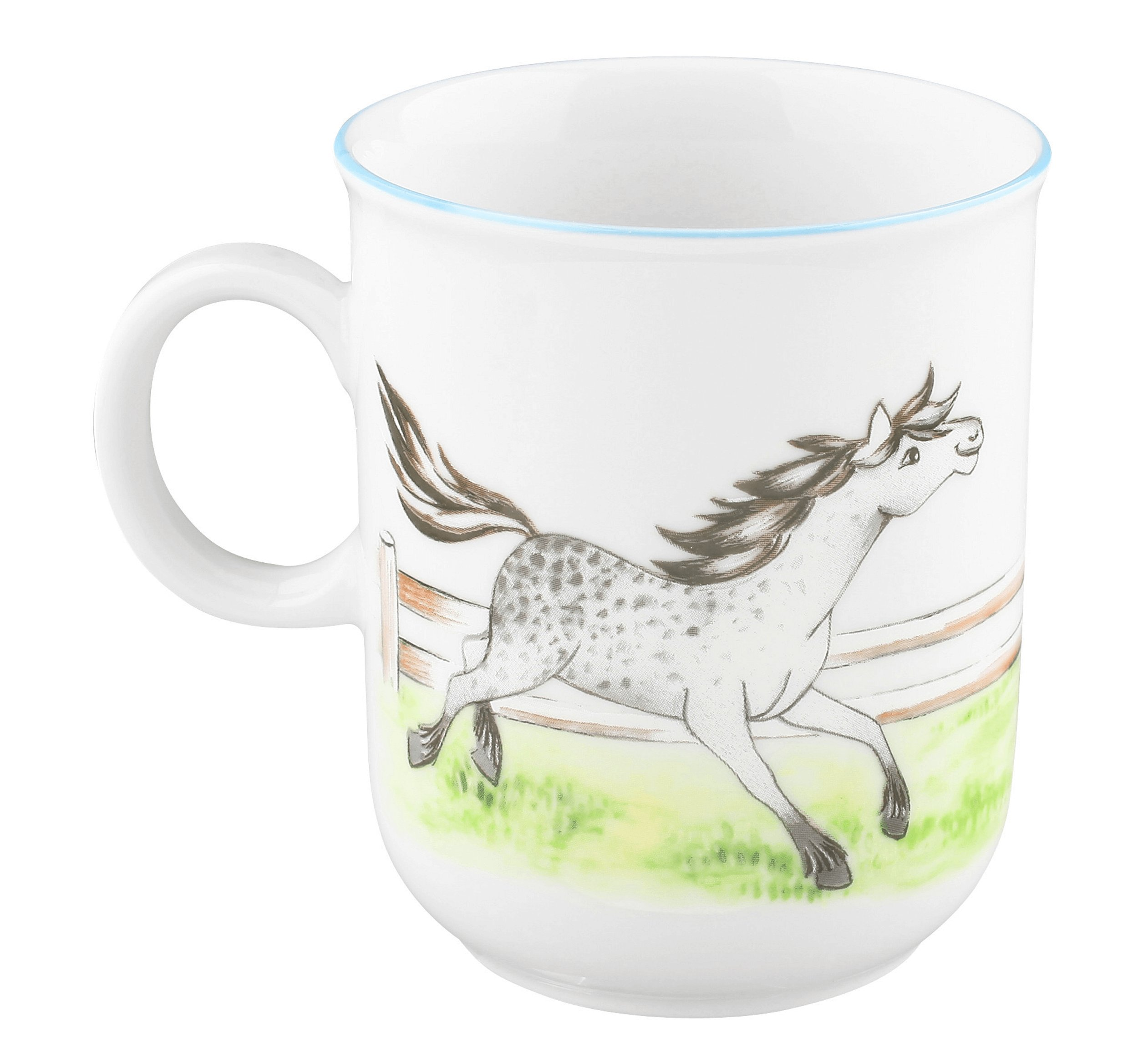 Biały kubek z biegnącym koniem i płotem.