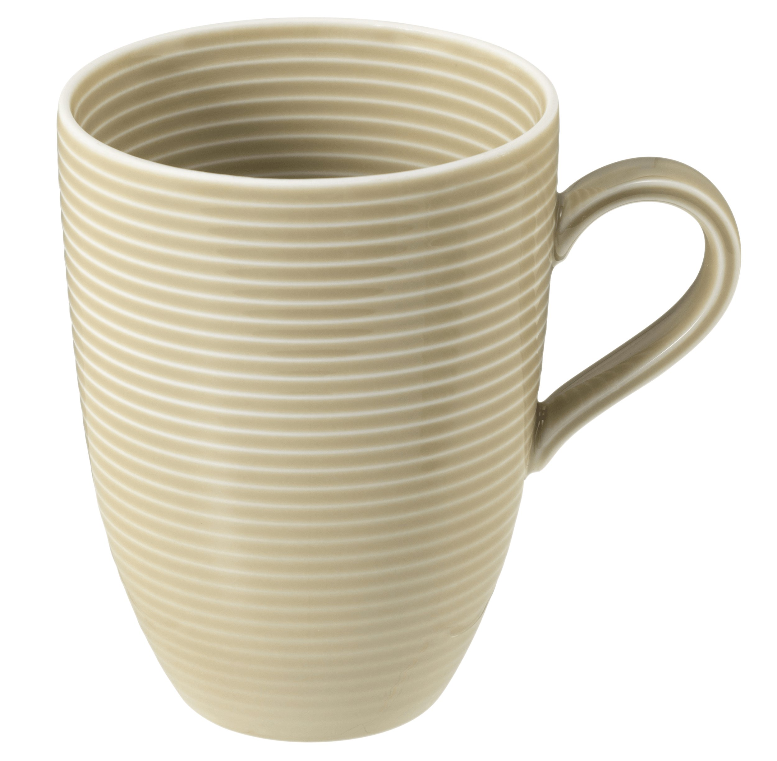 Beżowy kubek z poziomymi żebrowaniami i uchem.