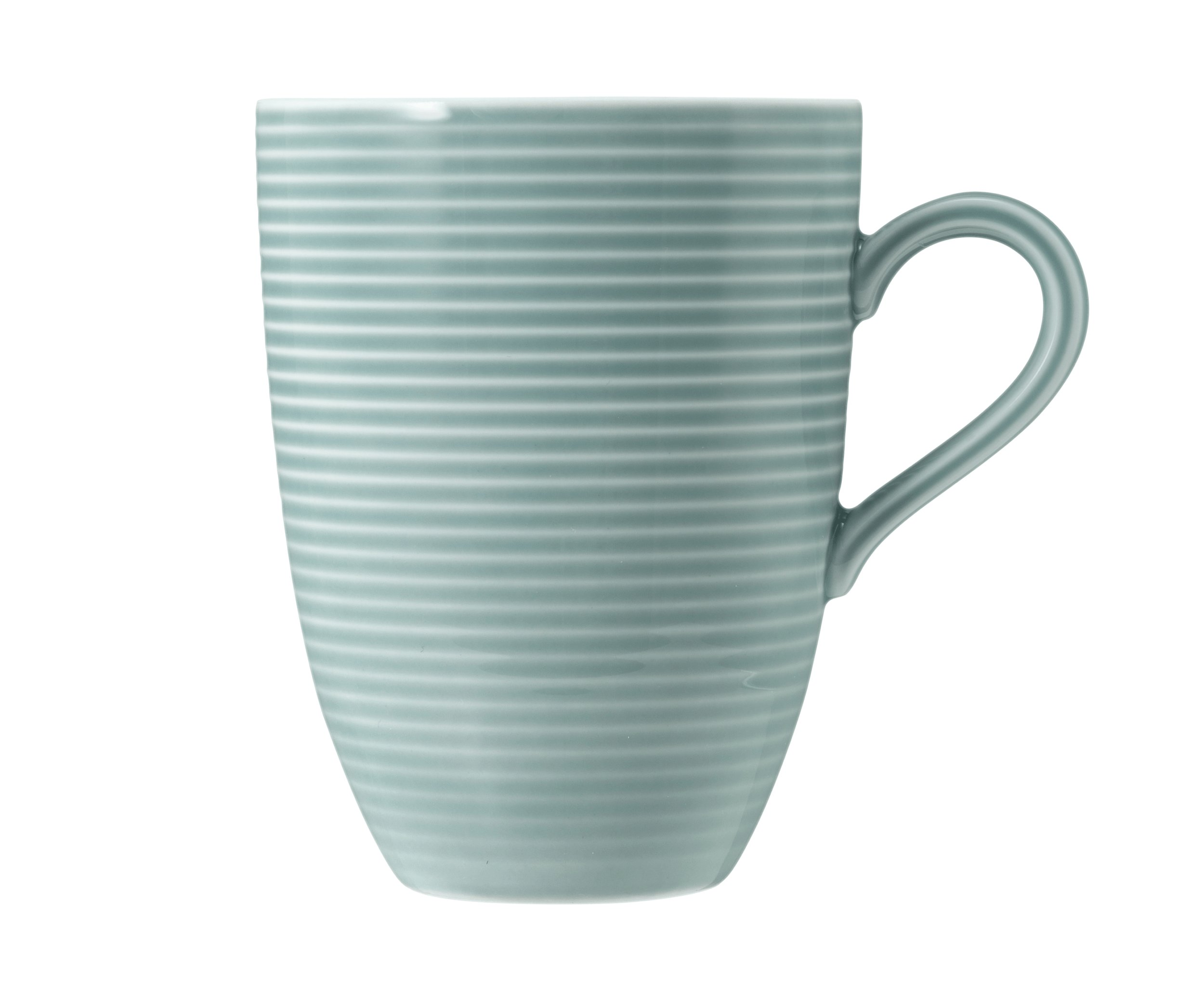 Jasnozielony kubek z poziomymi żebrowaniami i uchwytem.